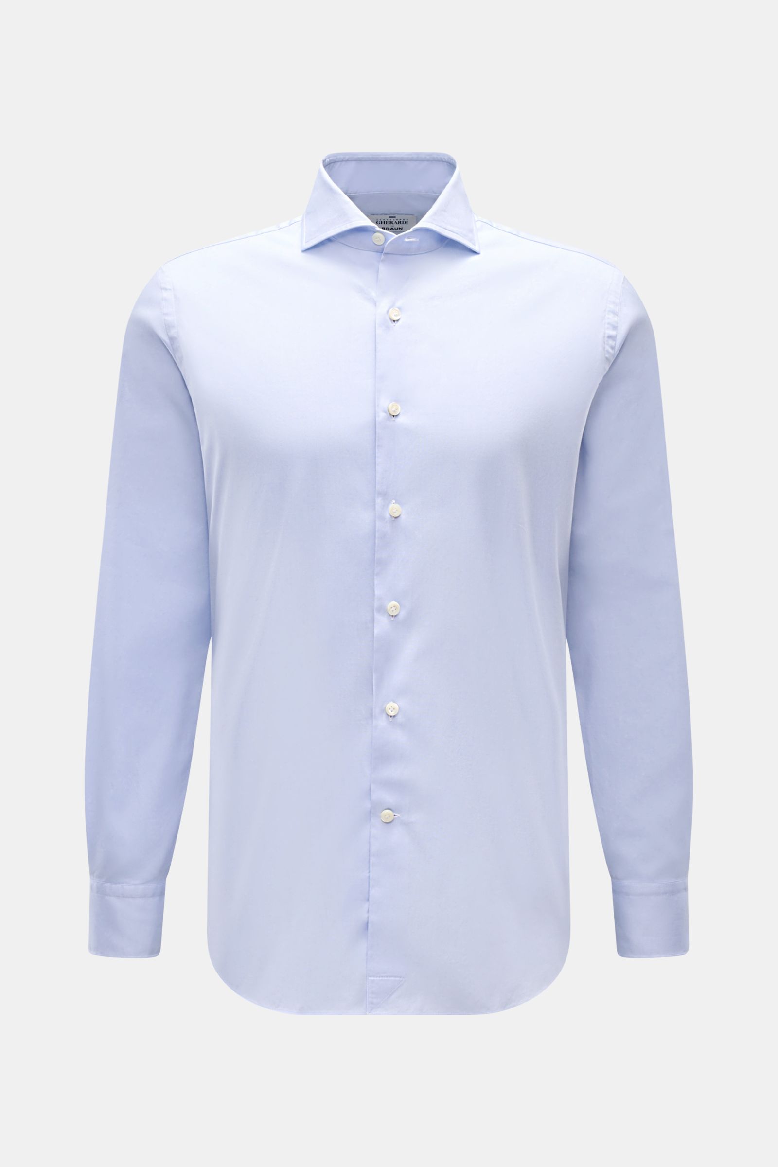 Front view of a Gherardi Oxford shirt shark collar light blue in slim fit, made of pure cotton Oxford fabric with French button placket.

Description: An elegant Oxford shirt in a slim fit by GHERARDI: the finest, premium quality cotton combined with a