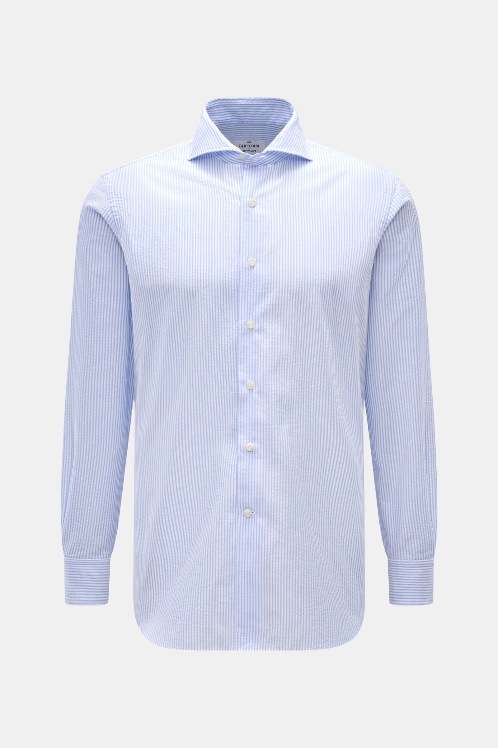 Front view of Gherardi Seersucker casual shirt shark collar light blue/white striped, slim fit with barrel cuffs and button placket.

This casual shirt by GIAMPAOLO is made of comfortable, fine seersucker fabric – a confident piece for the office and c