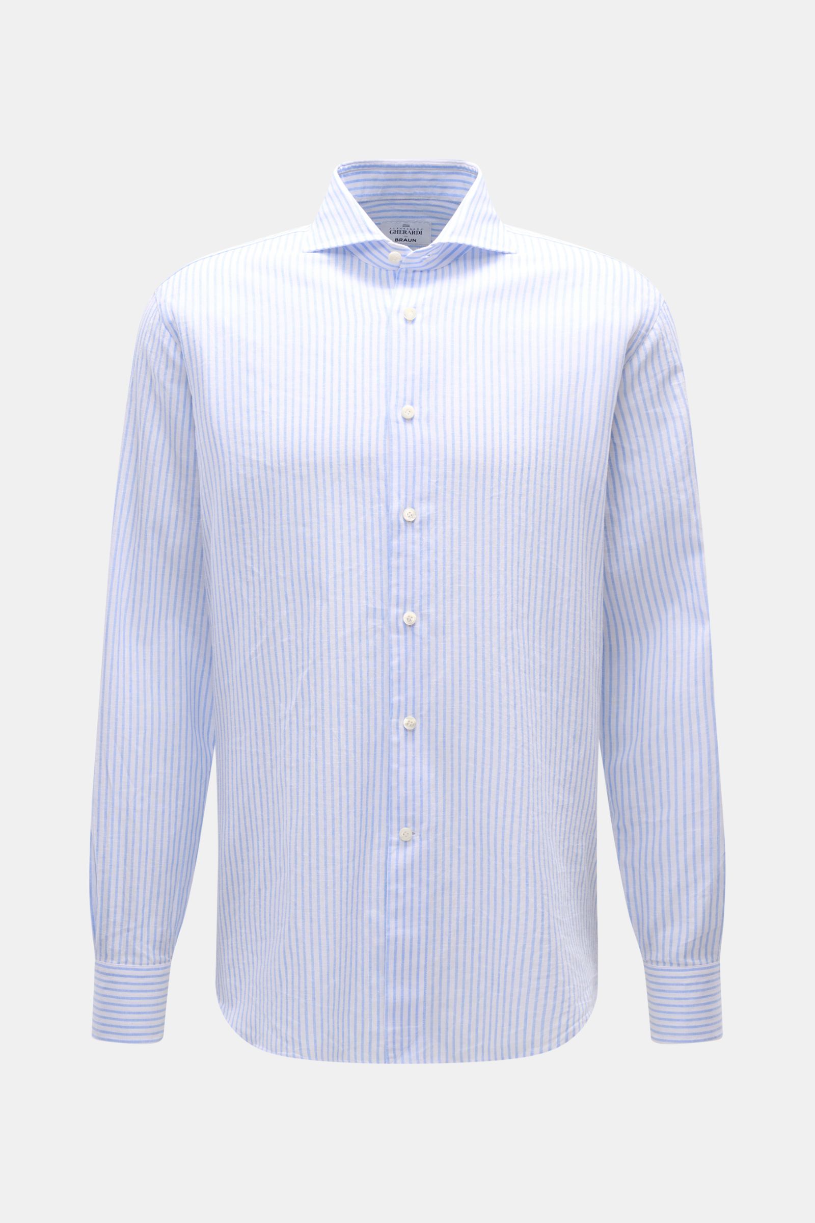 Gherardi Casual-Hemd Haifisch-Kragen hellblau/weiß gestreift, Baumwolle-Leinen, Regular Fit, Sportmanschette, Frontansicht, leichte Leinwandbindung.
