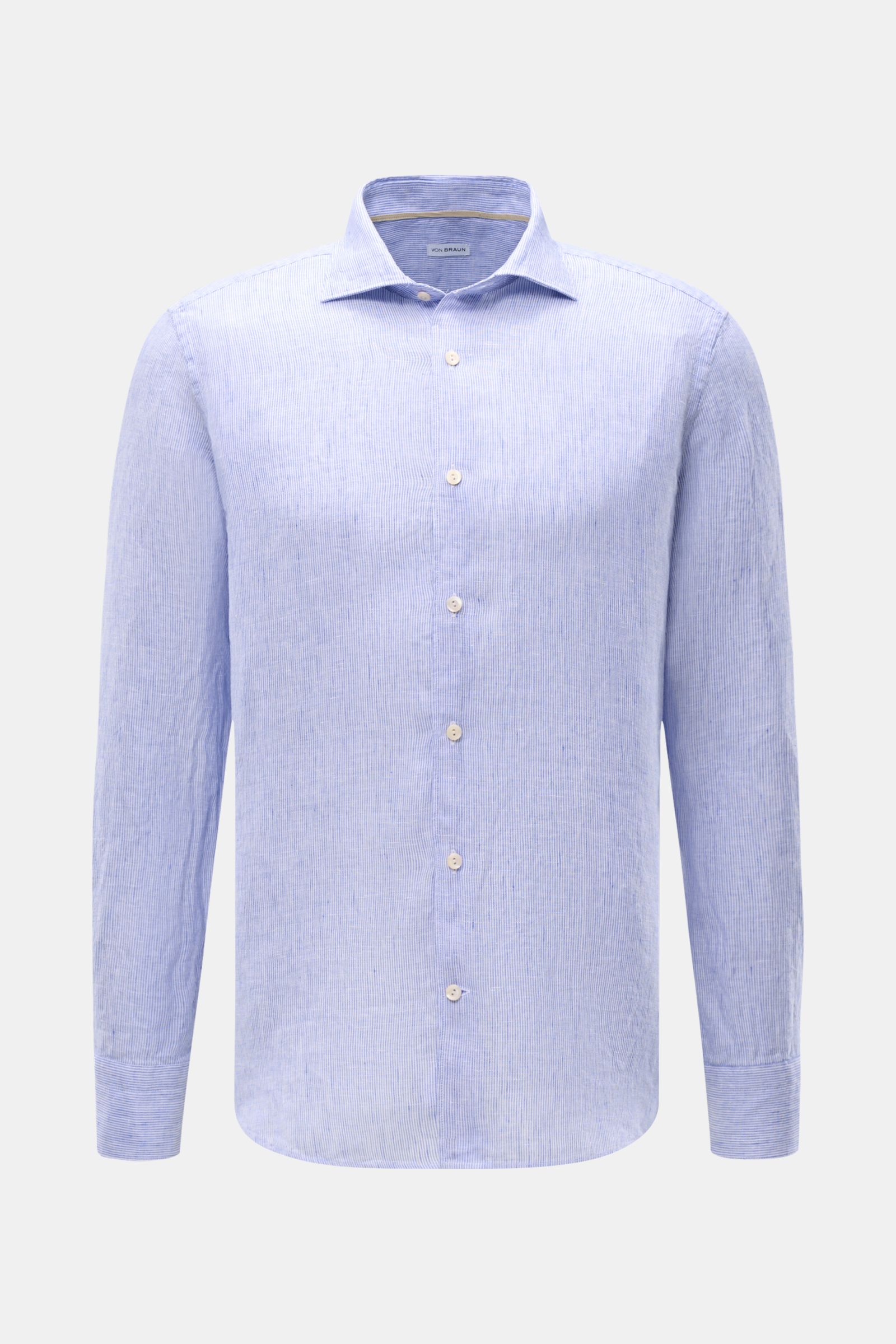 Front view of von Braun Linen shirt shark collar blue/white striped, pure linen with fine stripes, regular fit, French button placket, classic barrel cuffs, and rounded hem. Effortlessly lightweight: This VON BRAUN shirt in pure linen has an airy feel and