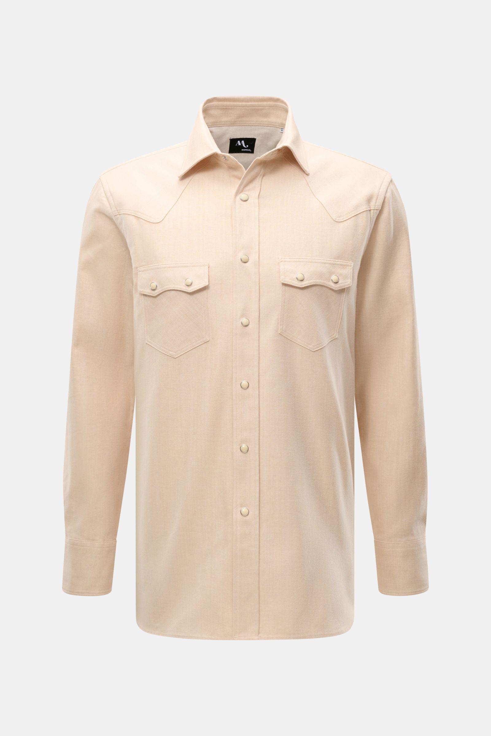 Doppiaa Jeanshemd 'Aariosto' Kent-Kragen sand, Frontansicht, Regular Fit, weiche Baumwolle, Western-Stil mit Perlmutt-Druckknöpfen.