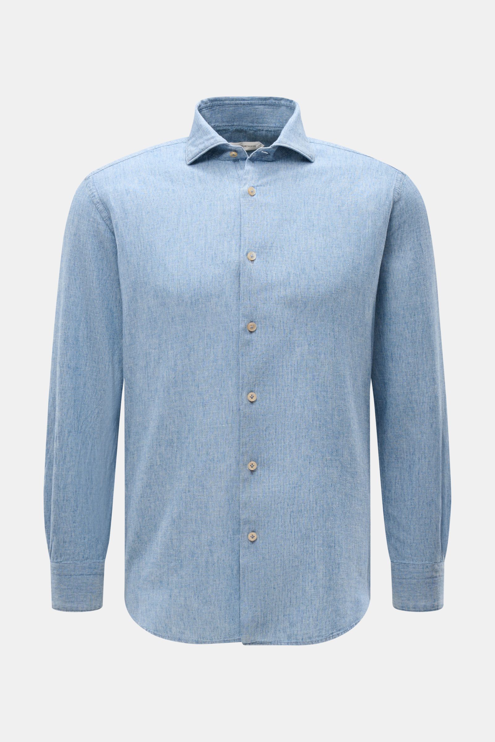 Guglielminotti Casual Hemd Haifisch-Kragen rauchblau gestreift, frontal fotografiert, mit Perlmuttknöpfen und klassischer Sportmanschette.