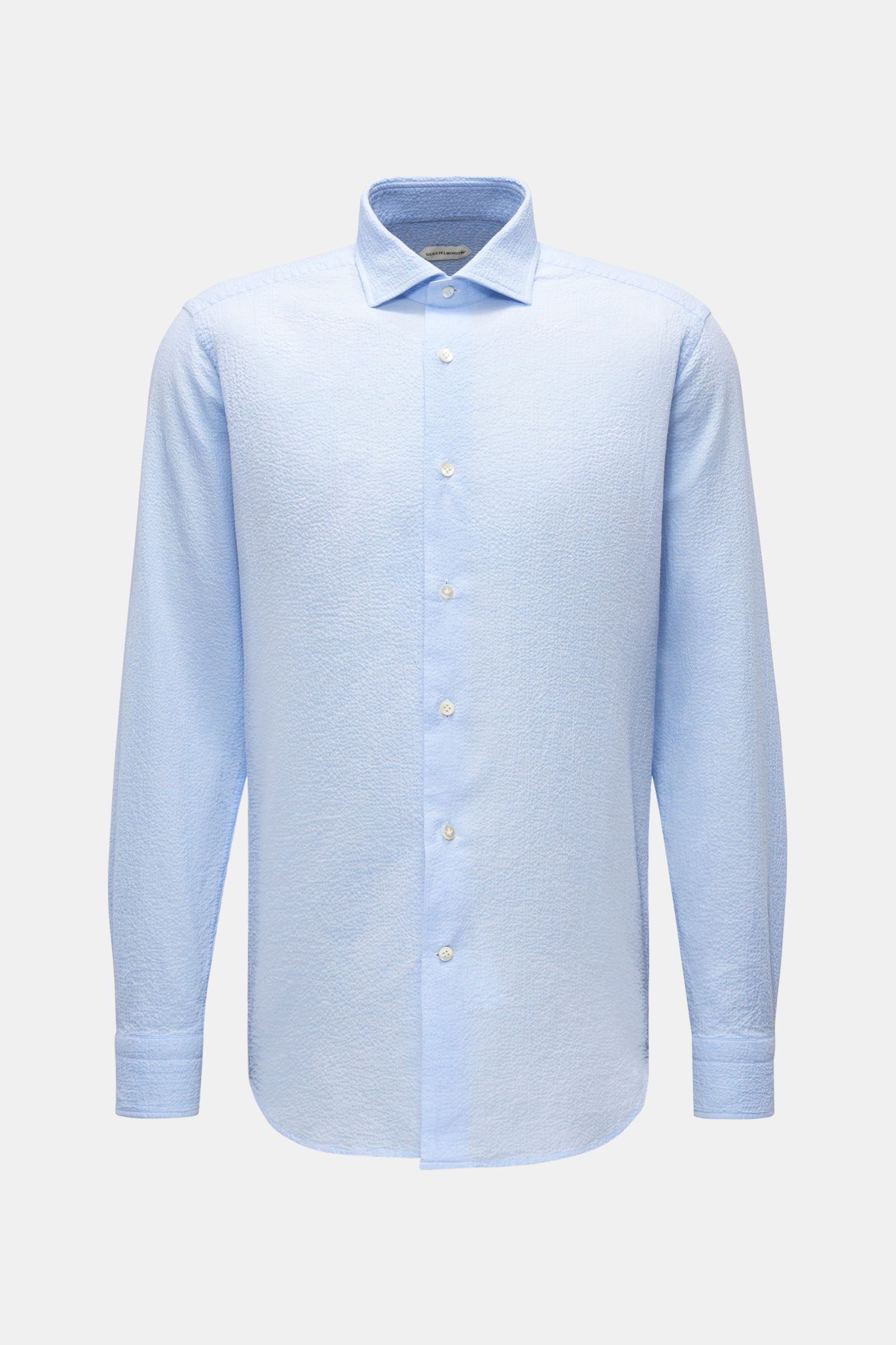 Guglielminotti Casual Hemd Haifisch-Kragen hellblau, slim fit, elastische Baumwolle mit Crinkle-Effekt, französische Knopfleiste, Sportmanschette, frontale Ansicht.