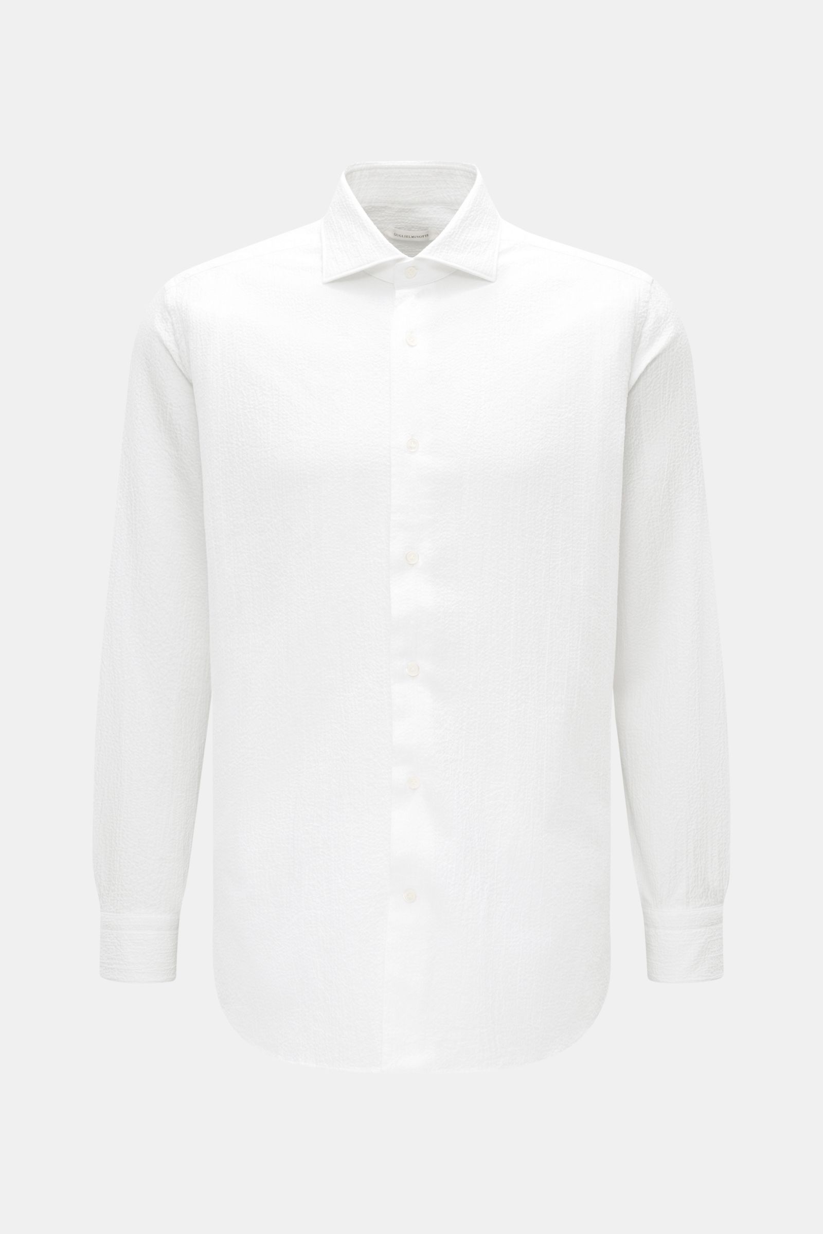 Front view of Guglielminotti Casual shirt shark collar white, a slim fit, elasticated cotton shirt with crinkle effect fabric.

Description:  
An elegant casual shirt with a twist: this slim model GUGLIELMINOTTI is made of stretchy cotton with crinkle 