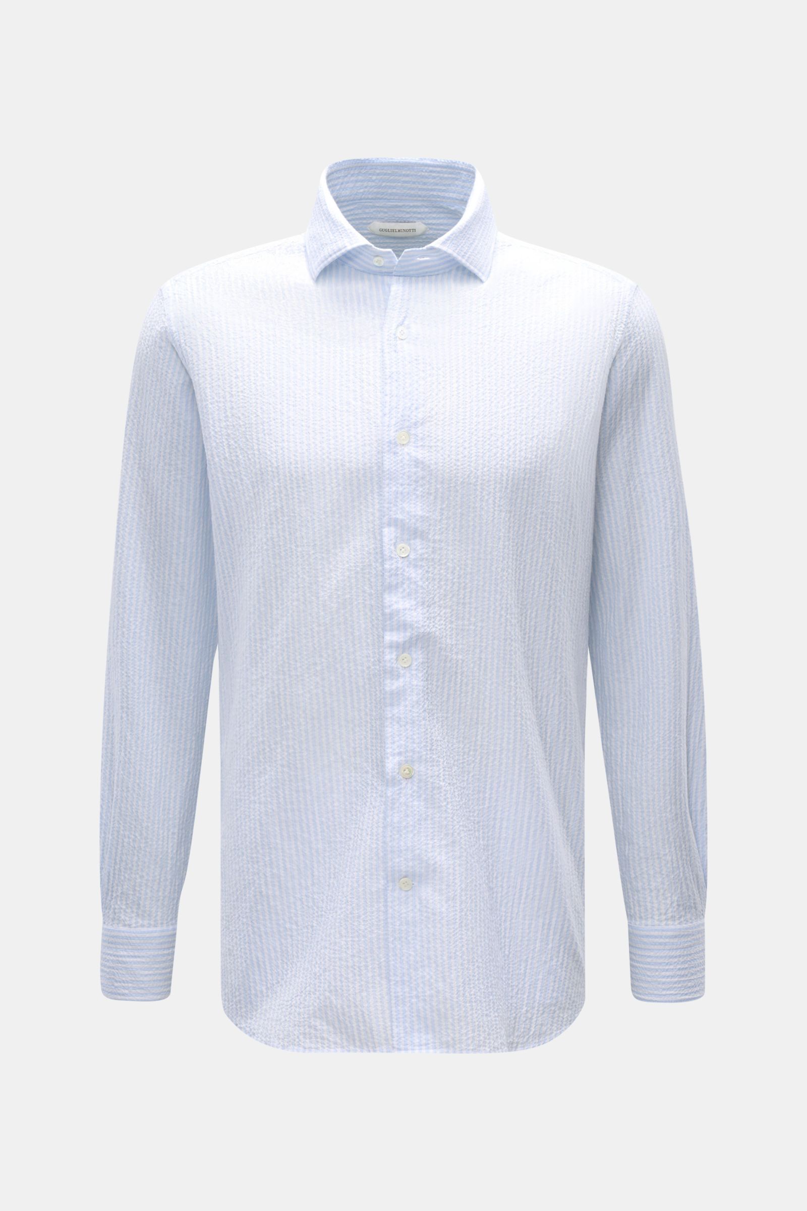 Guglielminotti Casual Hemd Haifisch-Kragen hellblau/weiß gestreift, slim Fit, Crinkle-Effekt, elastische Baumwolle, frontale Aufnahme.