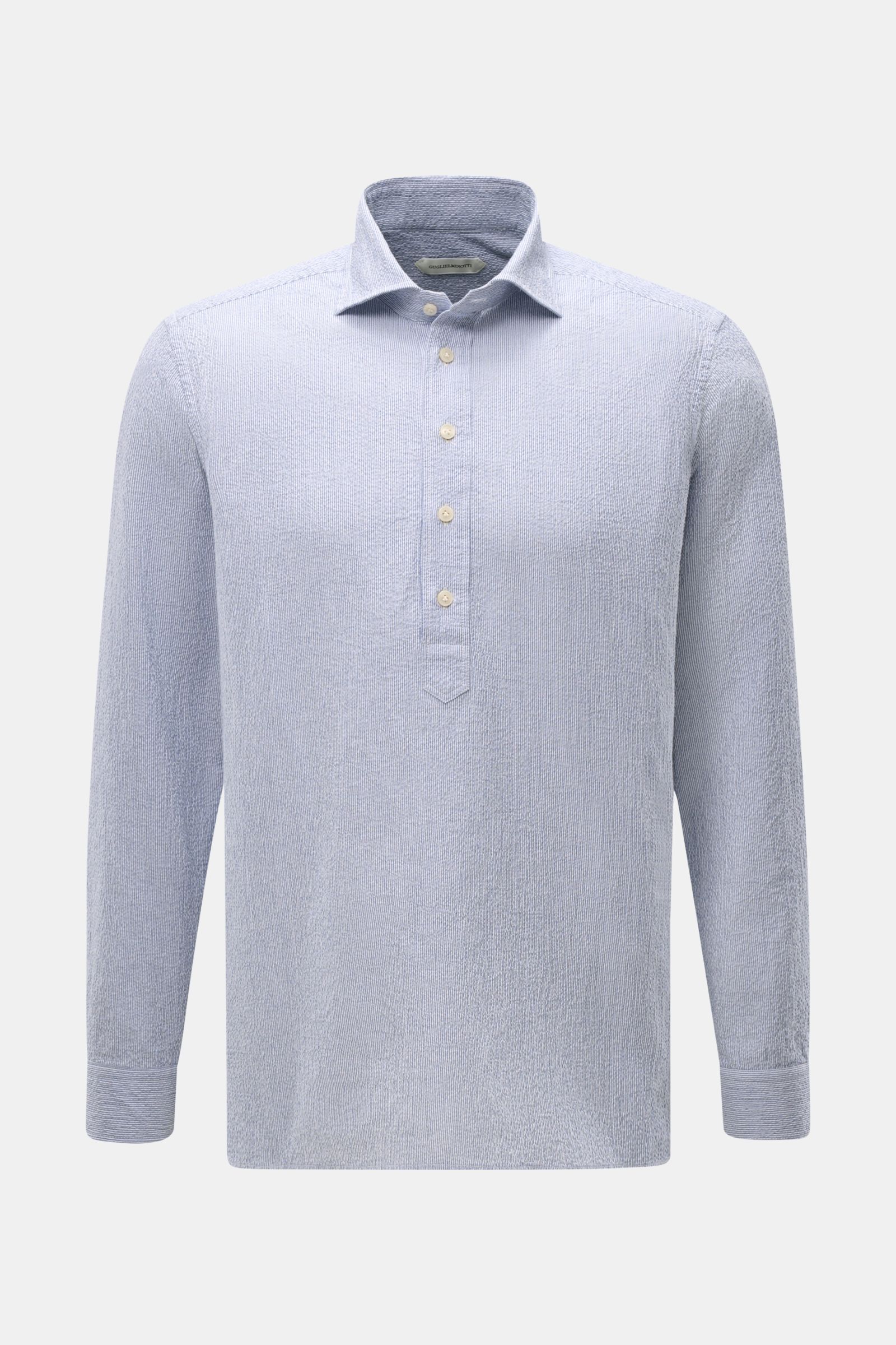 Guglielminotti Seersucker Popover-Hemd Haifisch-Kragen blau/weiß gestreift, Slim Fit, elastische Baumwolle, frontale Nahaufnahme.