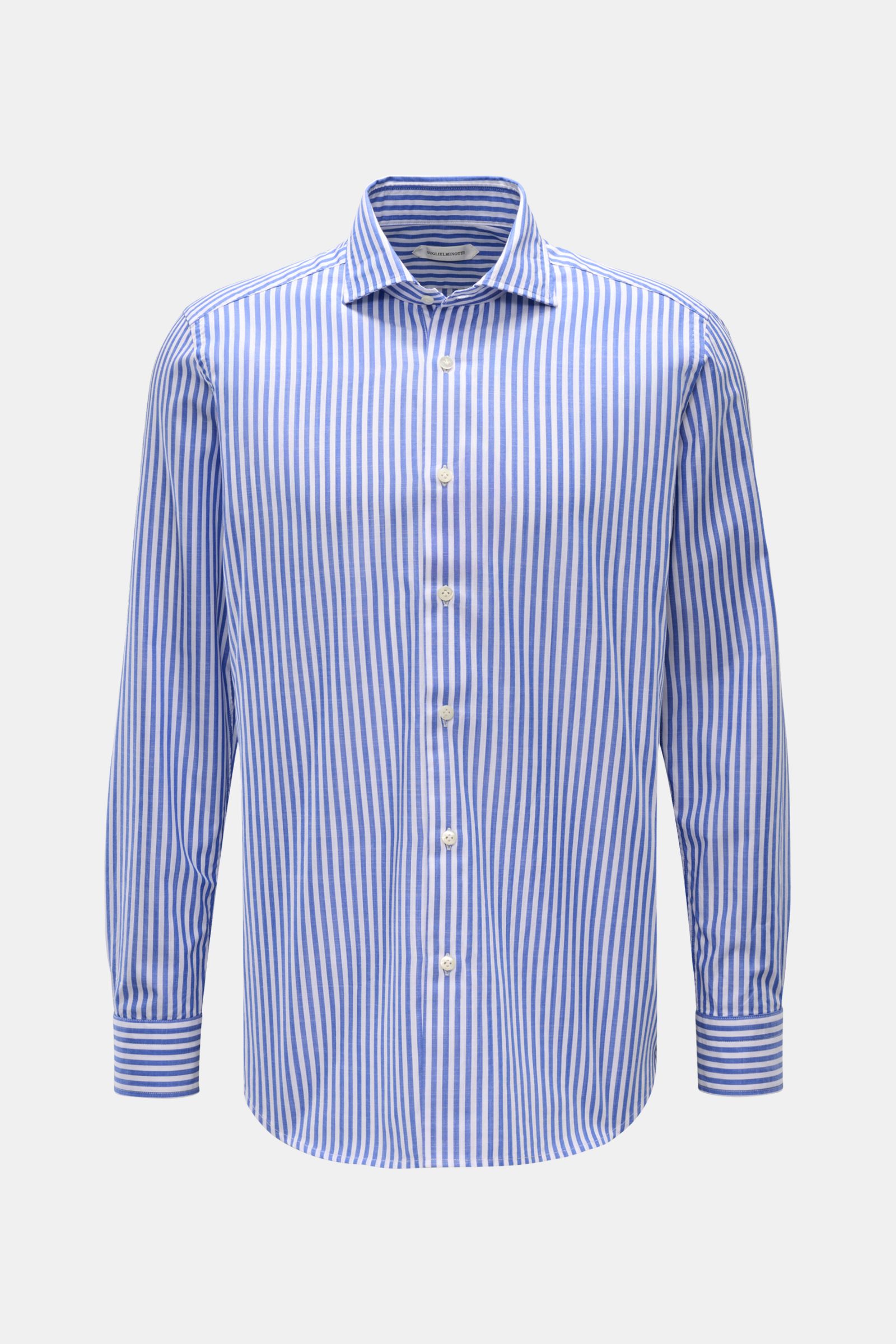 Guglielminotti Casual Hemd Haifisch-Kragen blau/weiß gestreift, Slim Fit, reine Baumwolle, glatter Griff, frontal mit Knopfleiste und Manschetten.