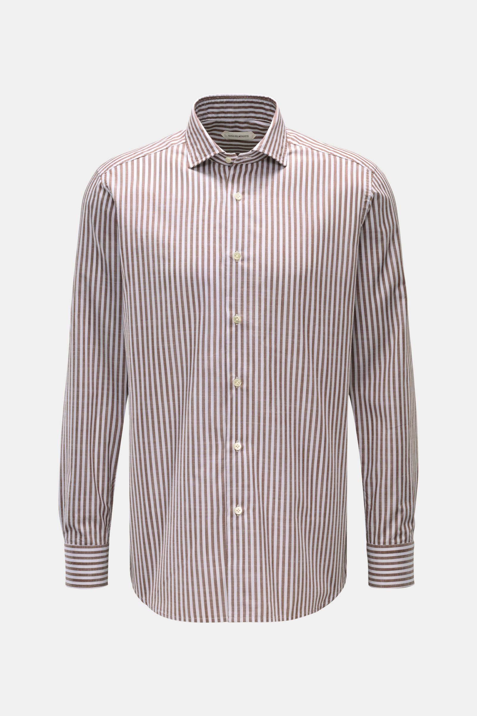 Guglielminotti Casual Hemd Haifisch-Kragen braun/weiß gestreift, Slim Fit, reine Baumwolle, Haifisch-Kragen, frontale Perspektive.