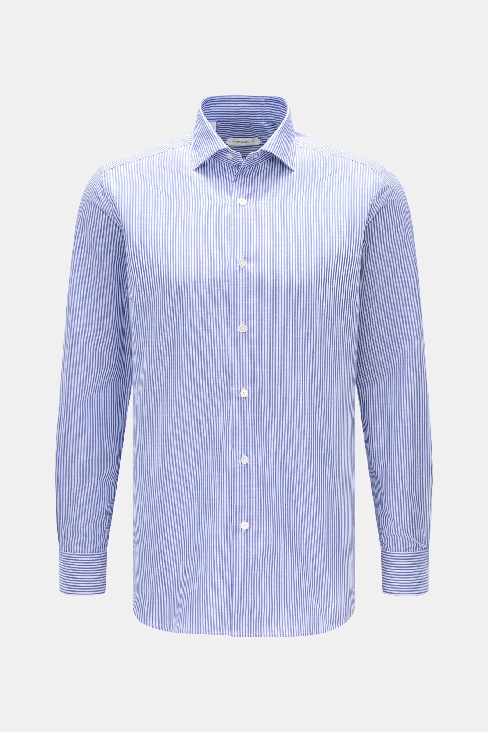 Guglielminotti Casual Hemd Haifisch-Kragen blau/weiß gestreift, Slim Fit, reine Baumwolle, klassische Sportmanschette, frontal fotografiert.