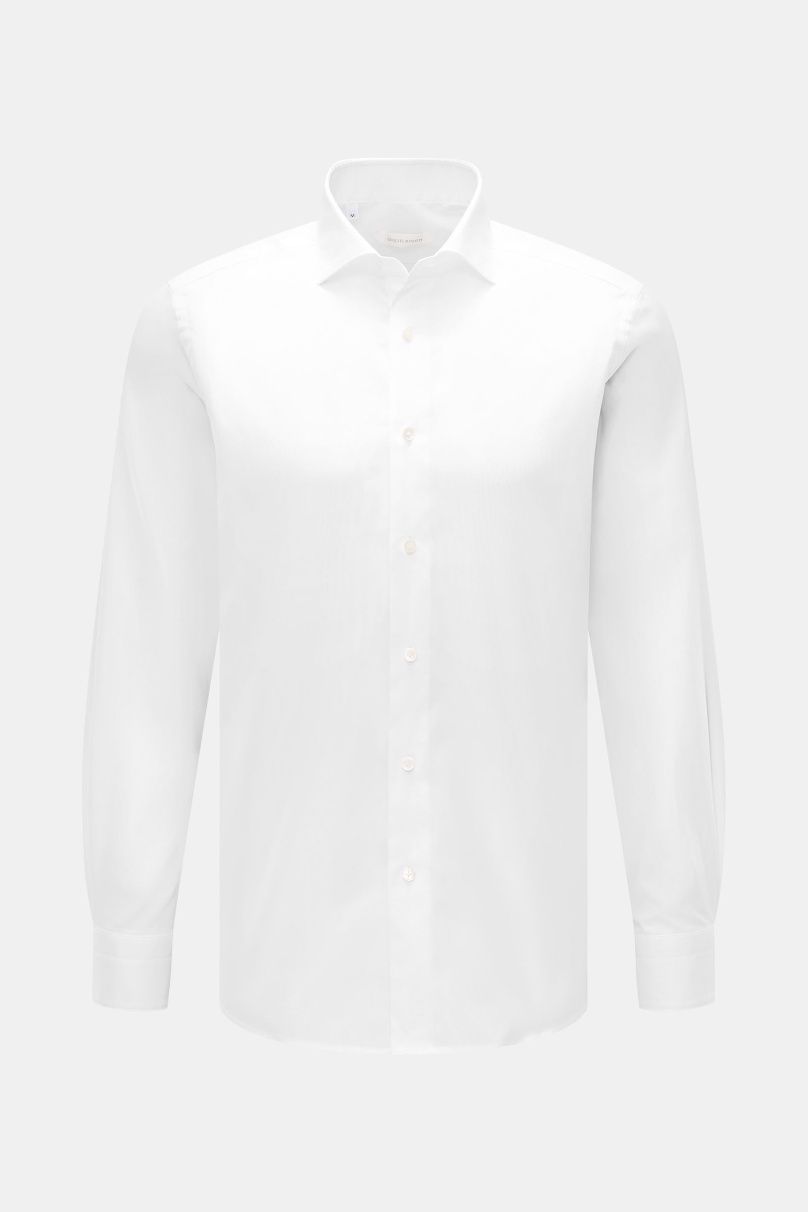 Guglielminotti Casual Hemd Haifisch-Kragen weiß, Slim Fit, reine Baumwolle, Frontansicht mit klassischer Knopfleiste und Sportmanschetten, gerundeter Saum