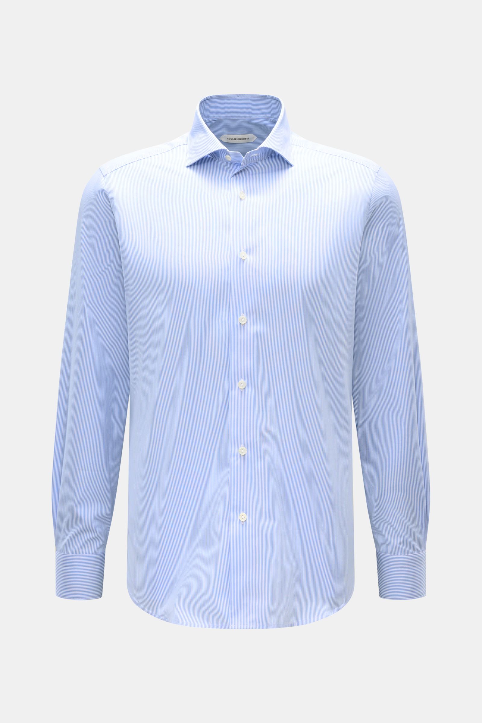 Front view of Guglielminotti Casual shirt shark collar blue/white striped, pure cotton slim fit with shark collar, mother-of-pearl buttons, barrel cuffs, waist darts, and rounded hem 