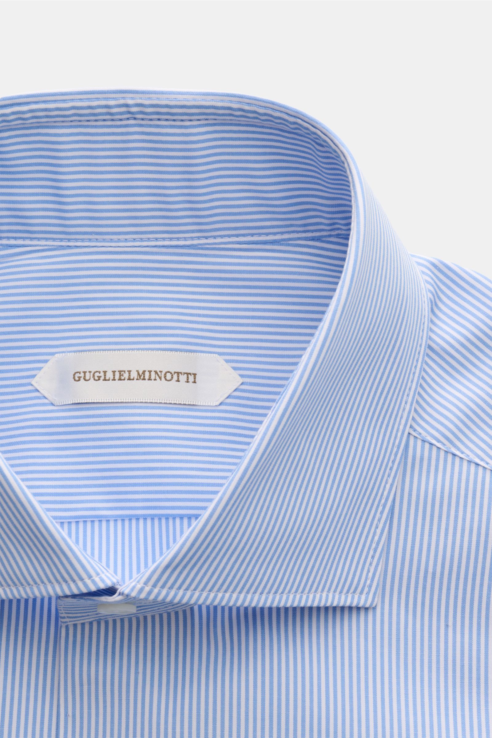Guglielminotti Casual shirt shark collar blue/white striped, close-up front view showing pure cotton fabric, shark collar, and label inside the collar. 