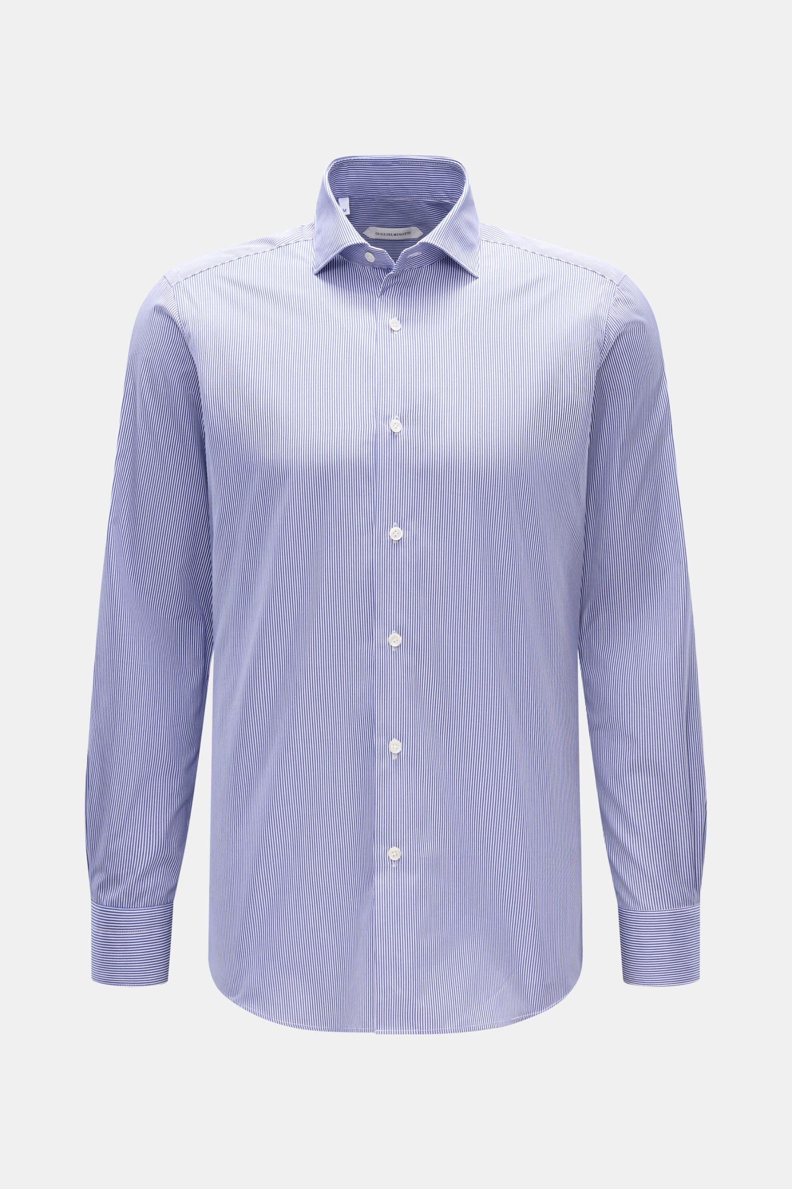 Guglielminotti Casual Hemd Haifisch-Kragen dunkelblau/weiß gestreift, Slim Fit, reine Baumwolle, frontal fotografiert, Perlmuttknöpfe, runder Saum.