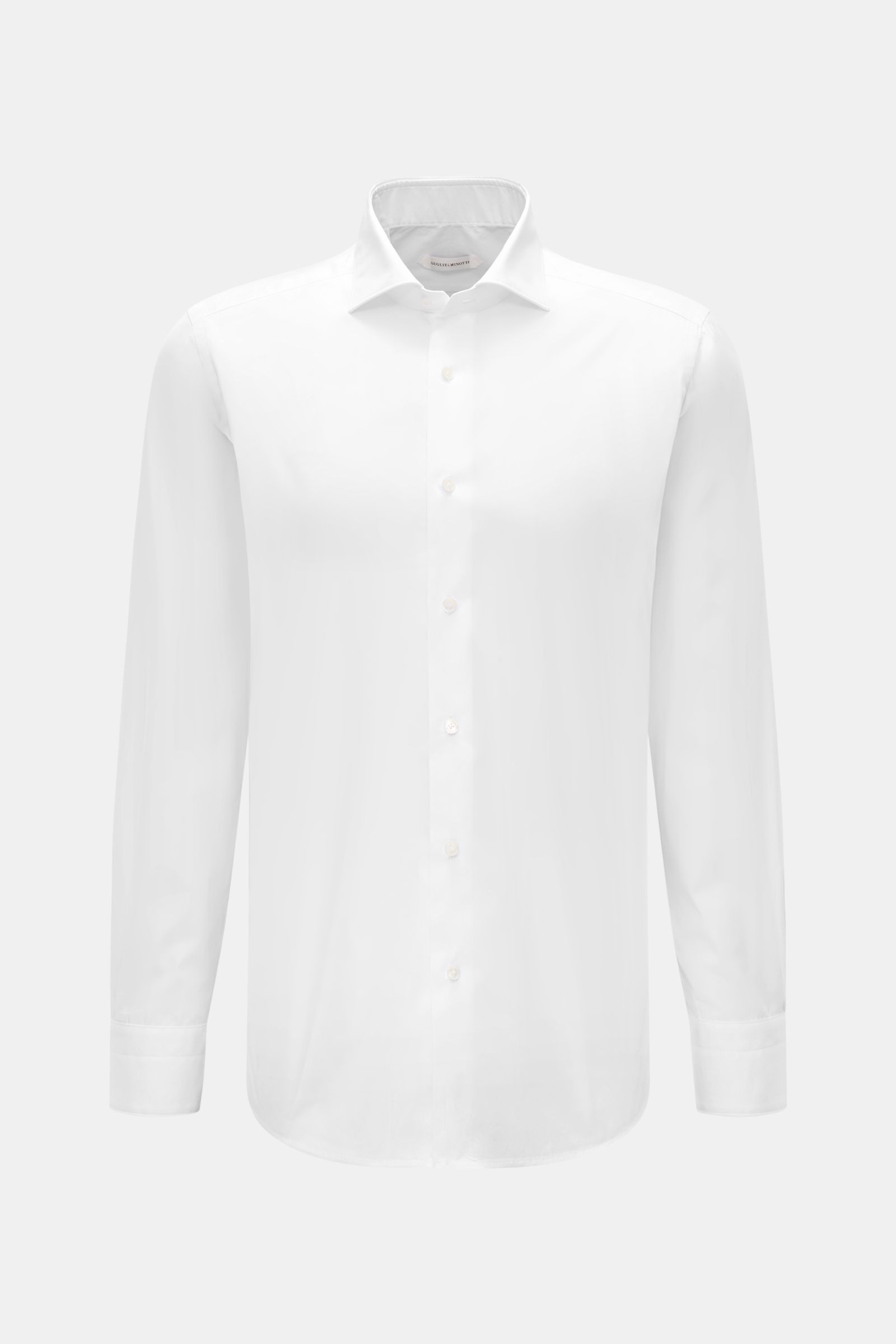 Front view of the Guglielminotti Casual shirt shark collar white, a slim fit pure cotton shirt with a shark collar, French button placket, barrel cuffs, waist darts, and rounded hem, photographed against a plain background.

