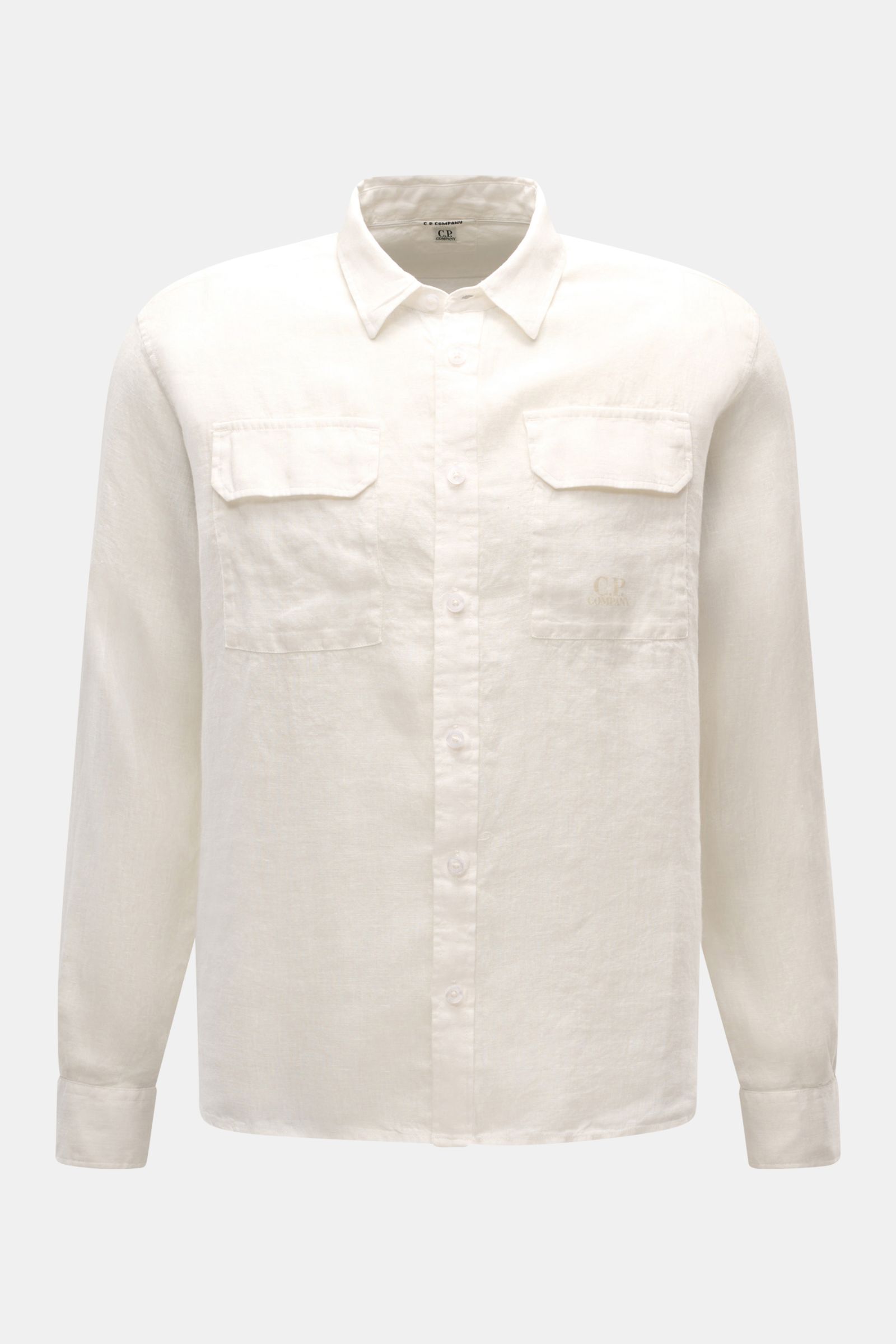 C.P. Company Linen shirt slim collar off-white shown from front, pure linen fabric with soft feel, garment-dyed, narrow collar, patch button placket, two breast pockets with flaps, logo print on right pocket, classic barrel cuffs, rounded hem with slightl