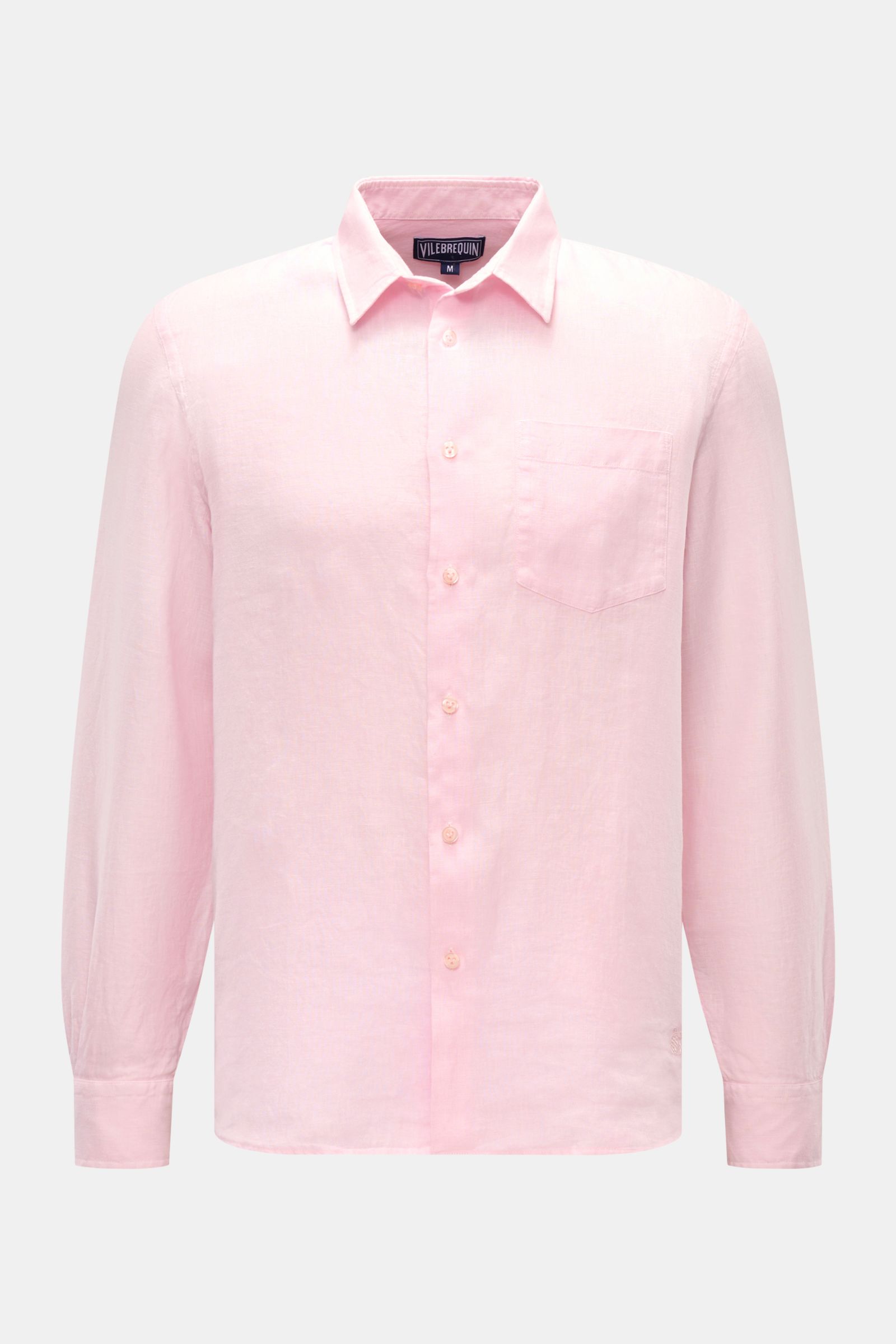 Vorderansicht des Vilebrequin Leinenhemds schmaler Kragen rosé, leichte Qualität, weicher Griff, Regular Fit, französische Knopfleiste, klassische Sportmanschette, aufgesetzte Brusttasche, gerundeter Saumverlauf, tonales Stitching am Saum.