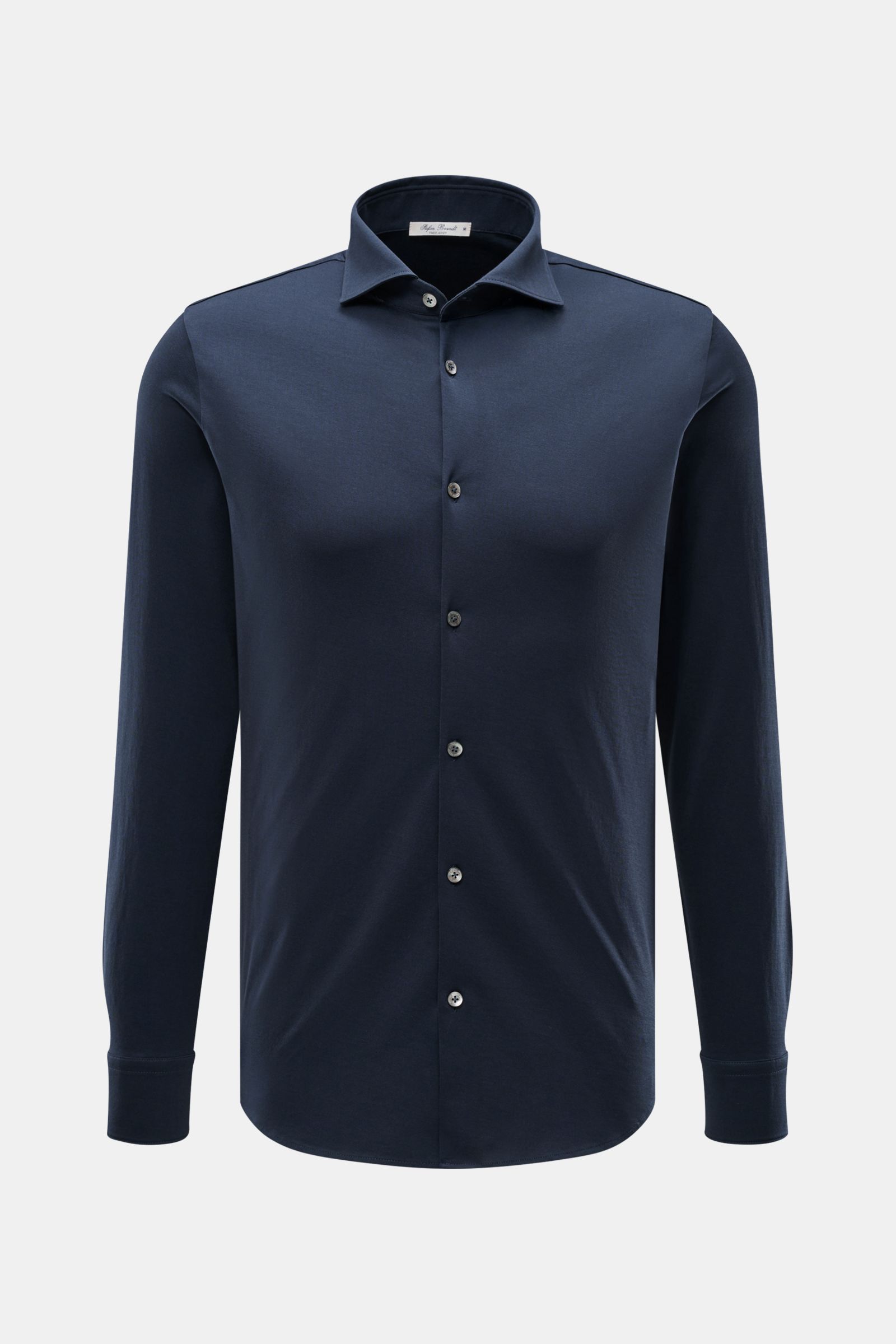 Front view of Stefan Brandt Jersey-Hemd 'Otis' Haifisch-Kragen dunkelblau in dark blue, slim fit with soft, smooth pure Pima cotton jersey fabric, shark collar, French placket, classic sport cuffs, and rounded hem. Flexibler, geschmeidiger Jersey aus rein