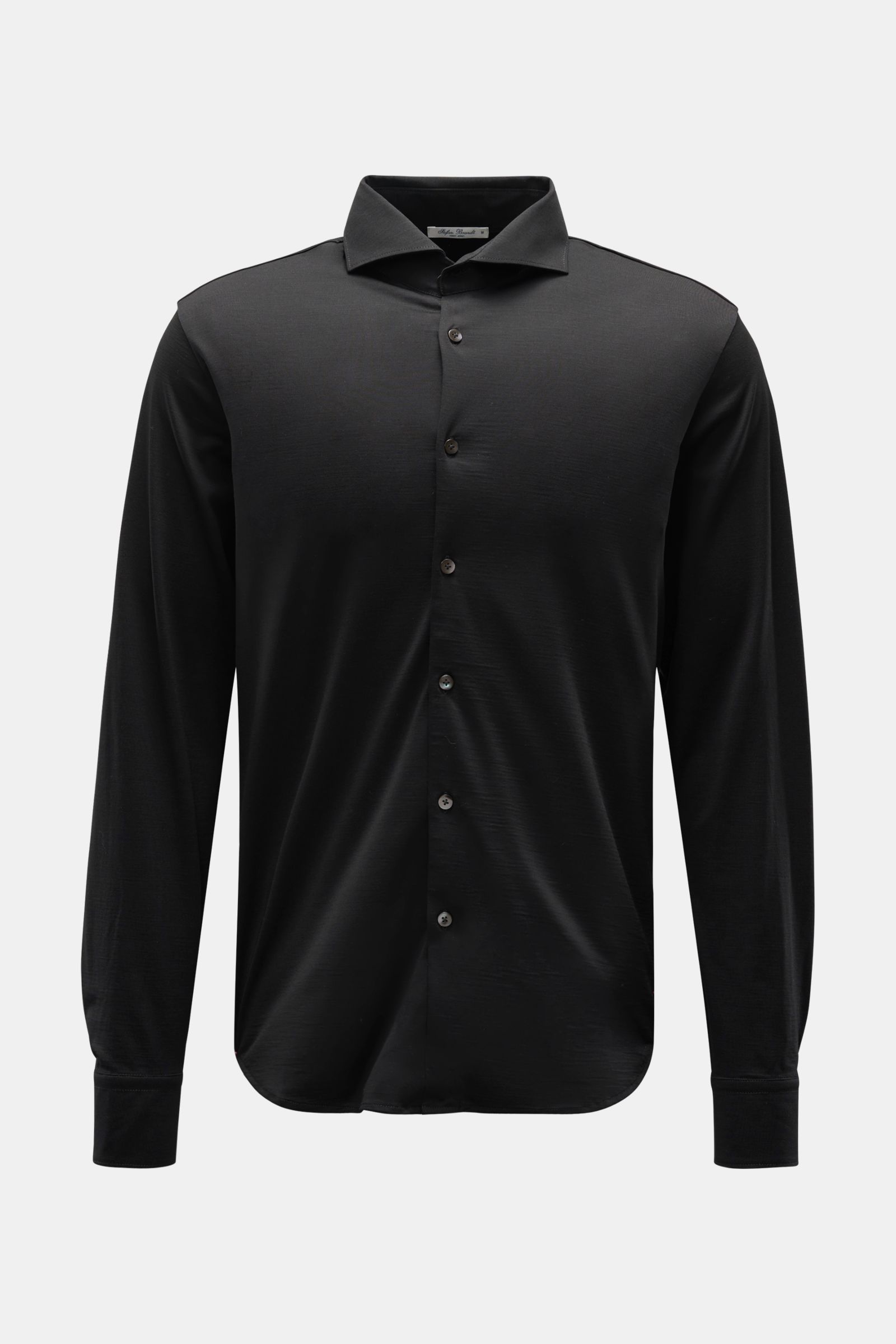 Stefan Brandt Jersey-Hemd 'Otis' Haifisch-Kragen schwarz, frontale Ansicht, Slim Fit, Pima-Baumwolle Jersey, glatter Griff, französische Knopfleiste, Sportmanschette, gerundeter Saum.