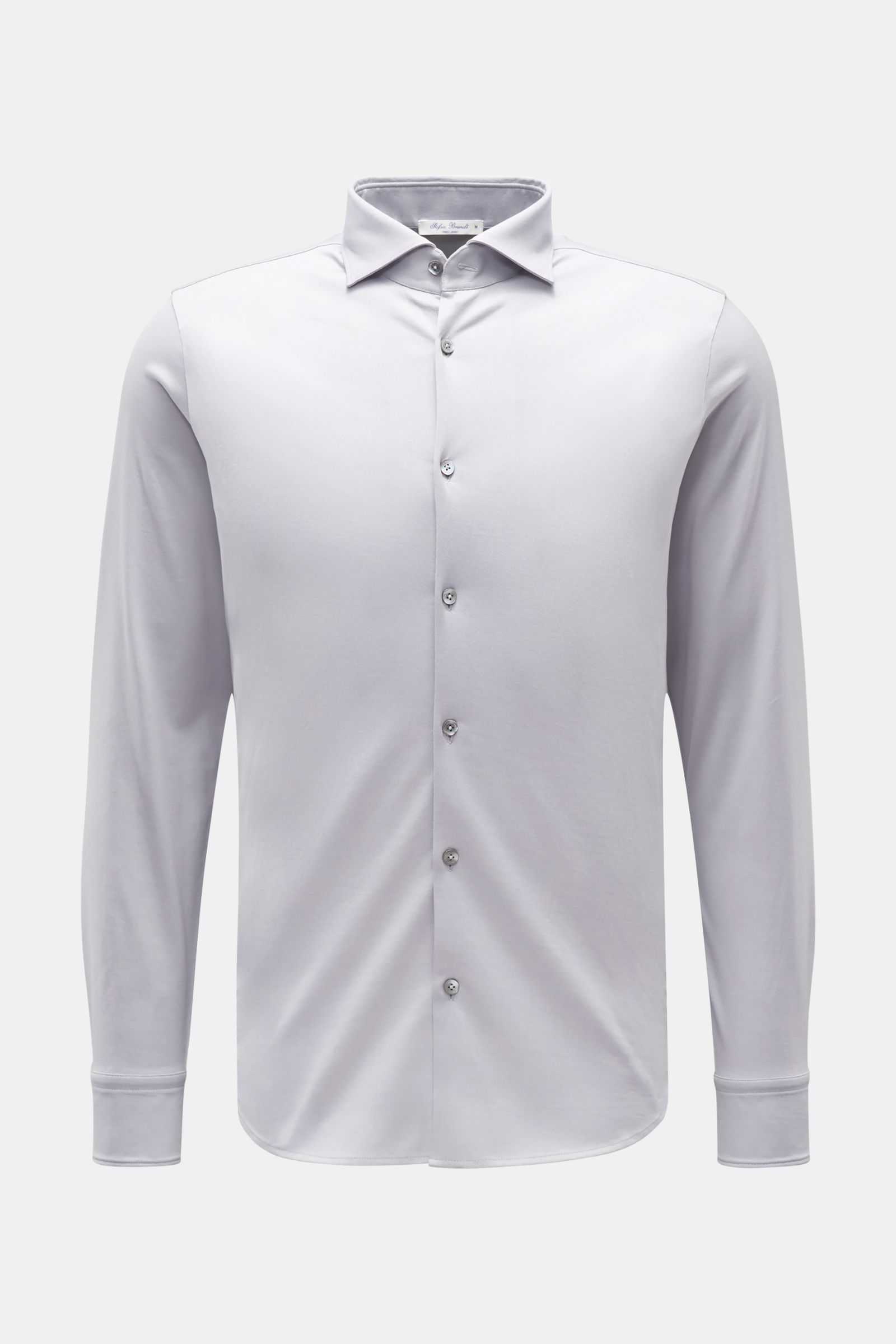Frontale Nahaufnahme des Stefan Brandt Jersey-Hemds 'Otis' Haifisch-Kragen hellgrau aus flexiblem Pima-Baumwoll-Jersey mit Extra Slim Fit, französischer Knopfleiste, klassischer Sportmanschette und gerundetem Saum.