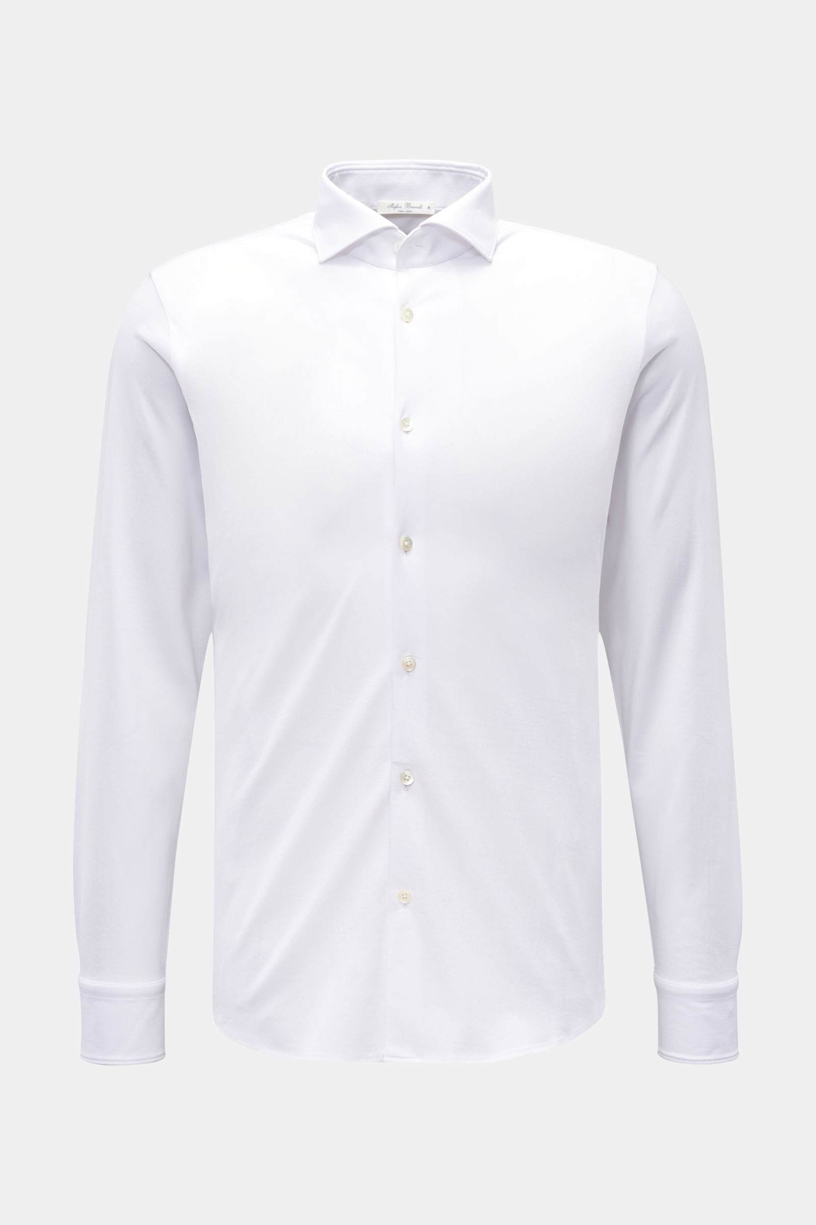 Front view of Stefan Brandt Jersey-Hemd 'Otis' Haifisch-Kragen weiß, a flexible, soft jersey shirt made from pure Pima cotton. Features: Extra Slim Fit, shark collar, French placket, classic sport cuffs, rounded hem.