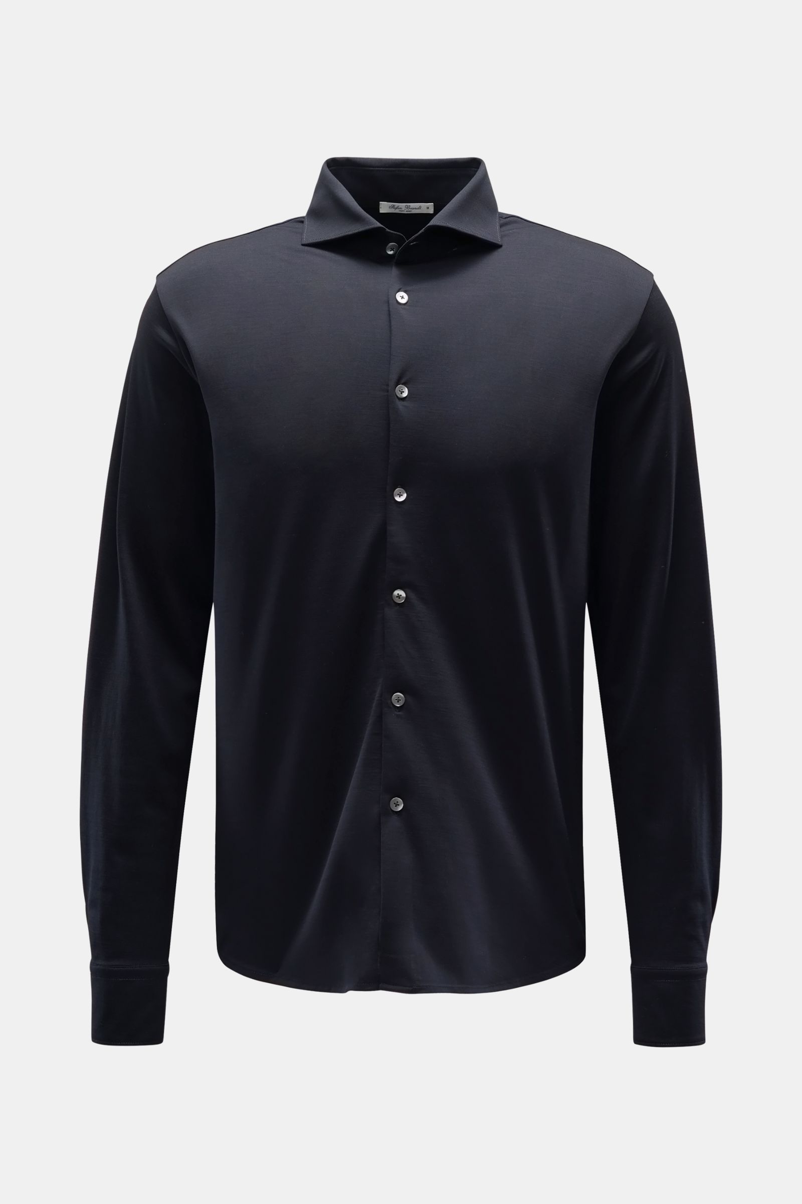 Stefan Brandt Jersey-Hemd 'Otis' Haifisch-Kragen navy, frontale Ansicht, aus flexiblem, geschmeidigem Pima-Baumwoll-Jersey, Extra Slim Fit, französische Knopfleiste, klassische Sportmanschette, gerundeter Saum.