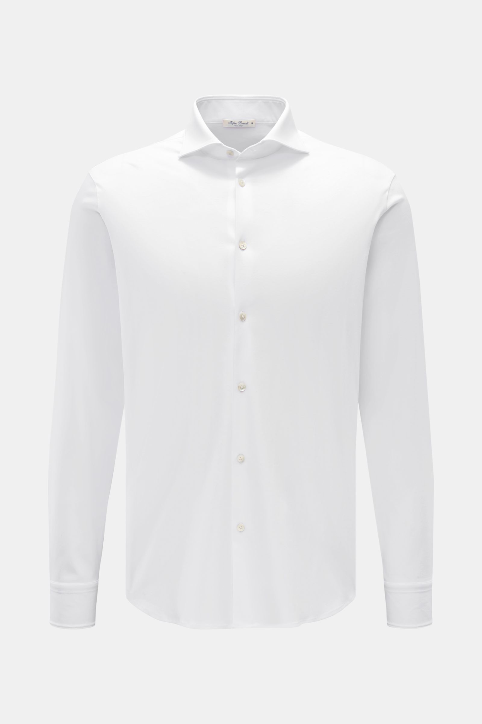 Stefan Brandt Jersey-Hemd 'Otis' Haifisch-Kragen weiß, Slim Fit, glatter Griff, Perlmuttknöpfe, Sportmanschette, frontal fotografiert.