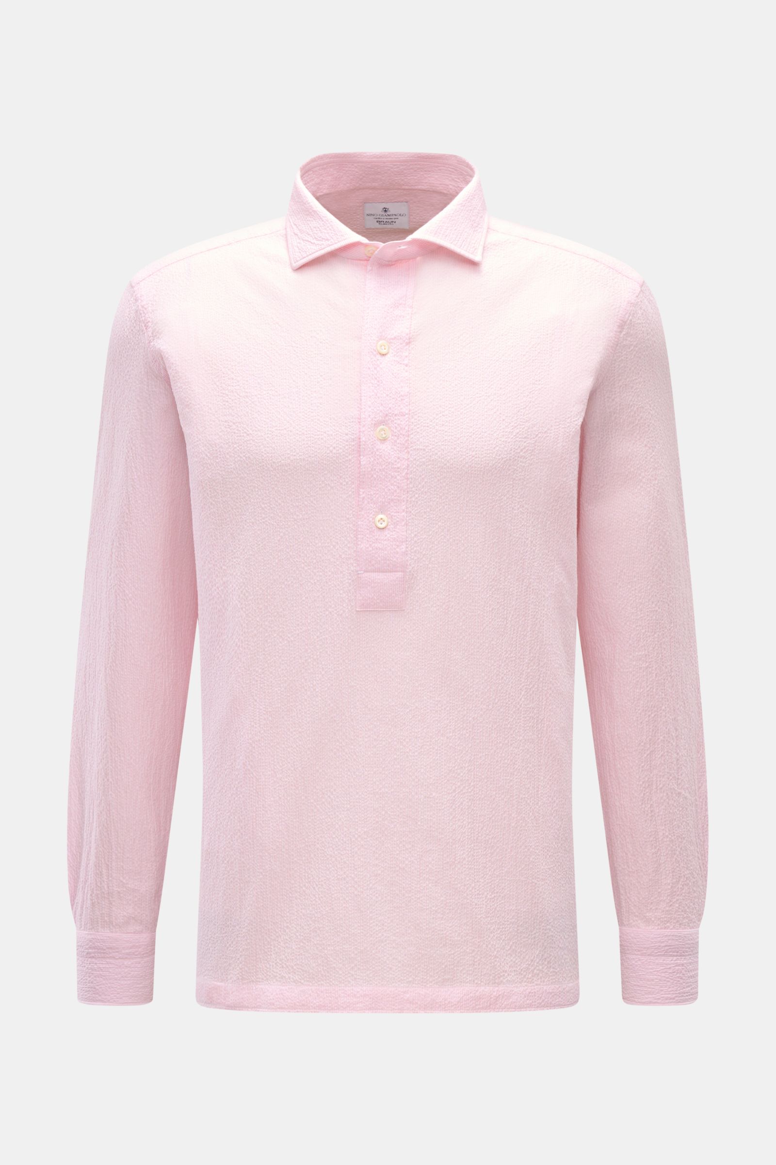Giampaolo Seersucker Popover-Hemd Haifisch-Kragen rosé, frontal fotografiert, elastische Baumwolle, Seersucker-Struktur, Regular Fit, Perlmuttknöpfe, Sportmanschette, gerader Saum, kurze Saumschlitze.