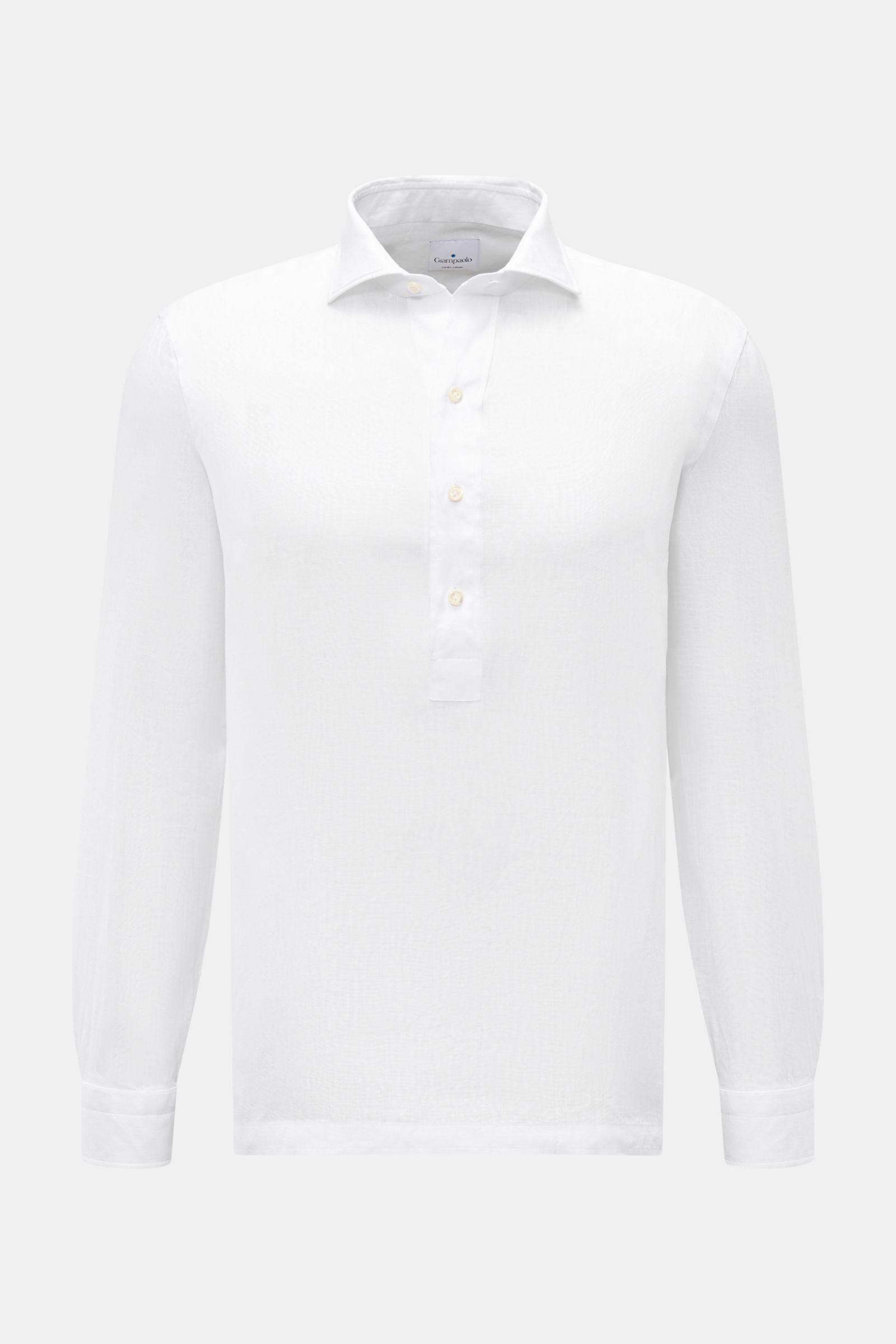 Giampaolo Leinen Popover-Hemd Haifisch-Kragen weiß, frontal fotografiert, reines Leinen, luftige Qualität, Perlmuttknöpfe, Regular Fit, Sportmanschette.