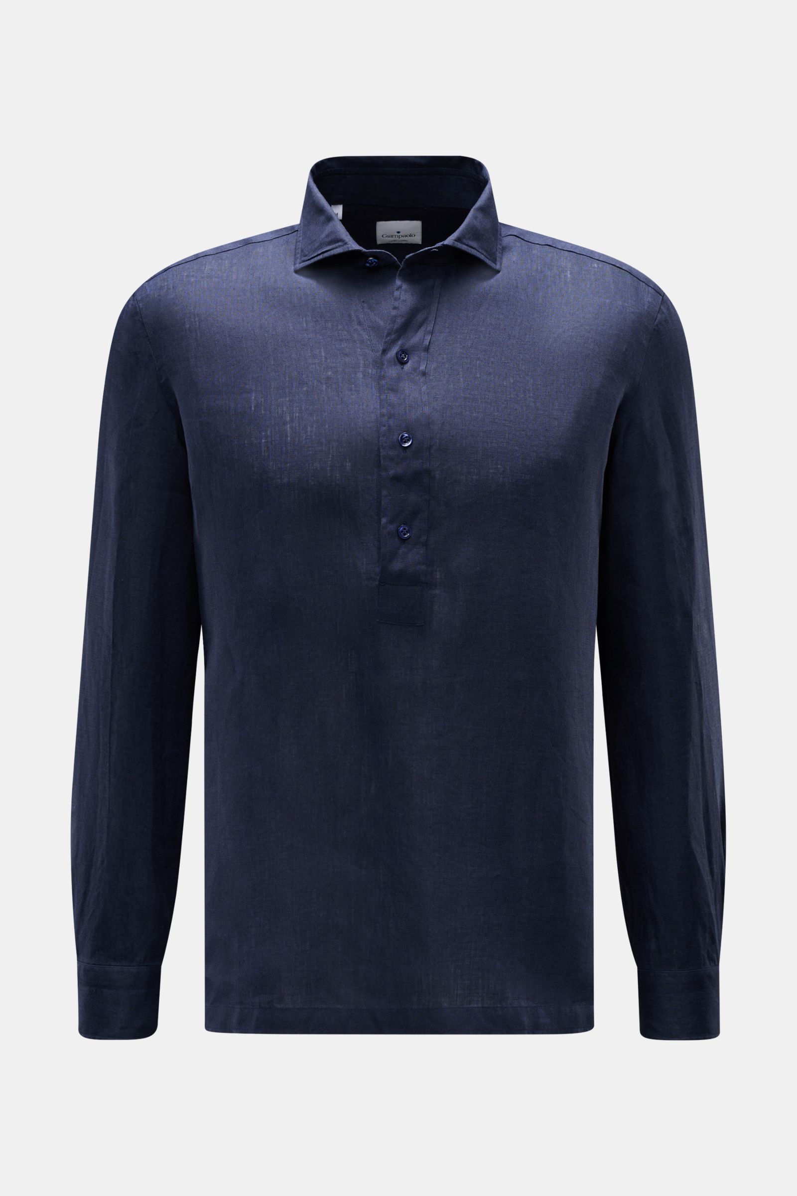 Alt tag (125 characters max): Front view of Giampaolo Linen popover shirt shark collar navy, lightweight pure linen with mother-of-pearl buttons.

Description: 
Comfortable and casual for hot days: This popover shirt by GIAMPAOLO made of pure linen is 