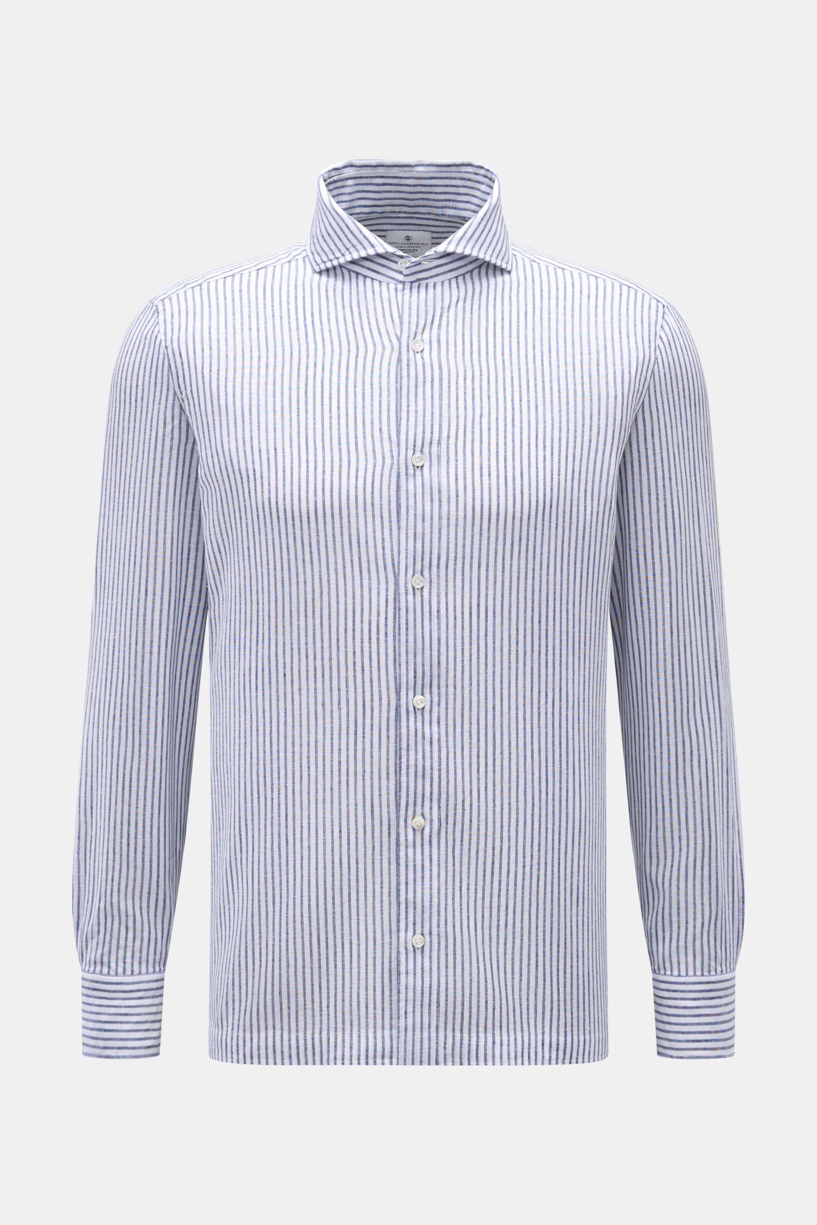 Giampaolo Casual Hemd Haifisch-Kragen weiß/navy gestreift, Slim Fit, leichte Baumwolle-Leinen-Mischung, Haifisch-Kragen, Knopfleiste, Sportmanschette, Frontansicht.