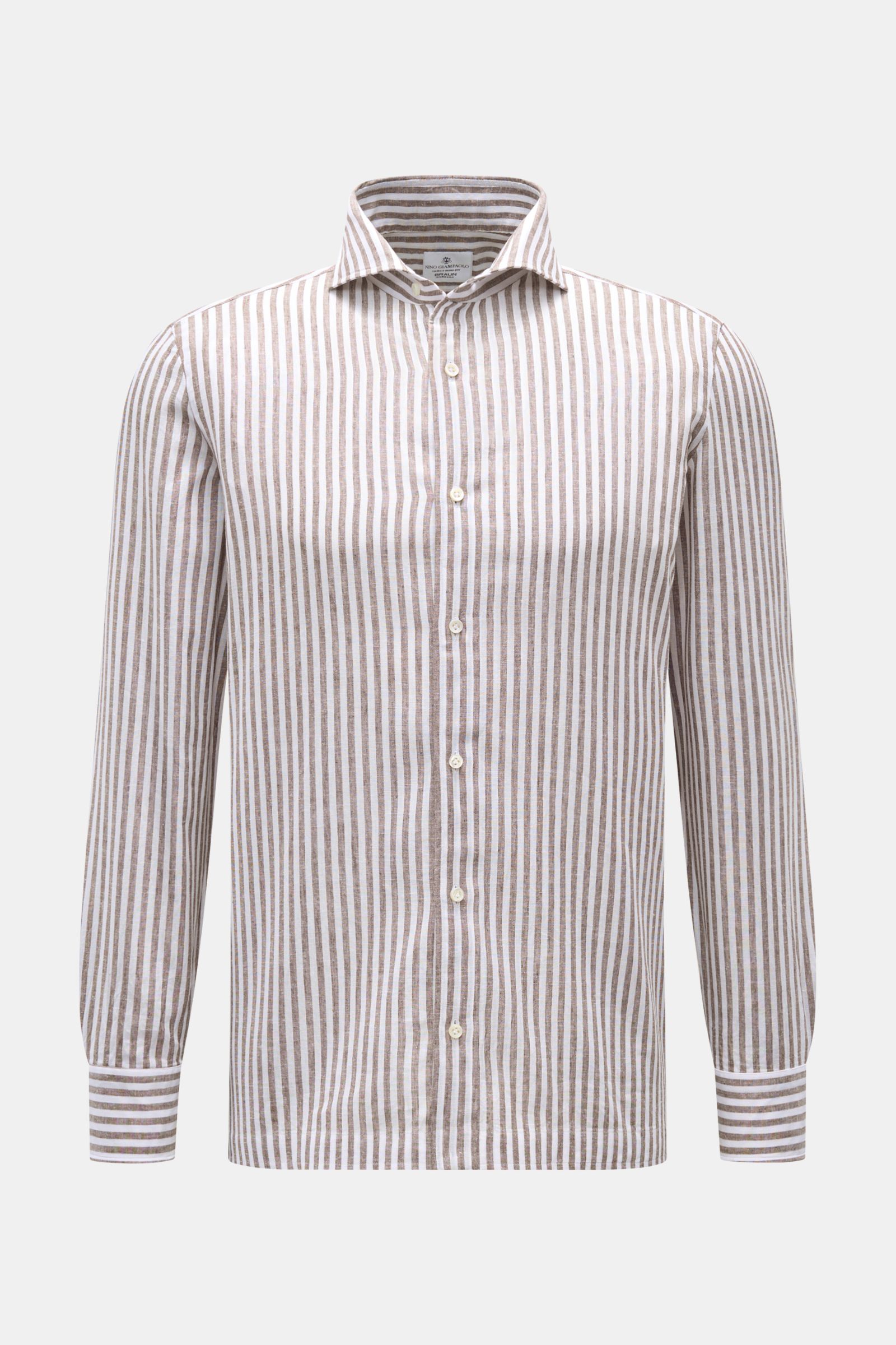 Giampaolo Casual Hemd Haifisch-Kragen graubraun/weiß gestreift, Slim Fit, Baumwolle-Leinen, leichtes Gewebe, Sportmanschette, frontal fotografiert.