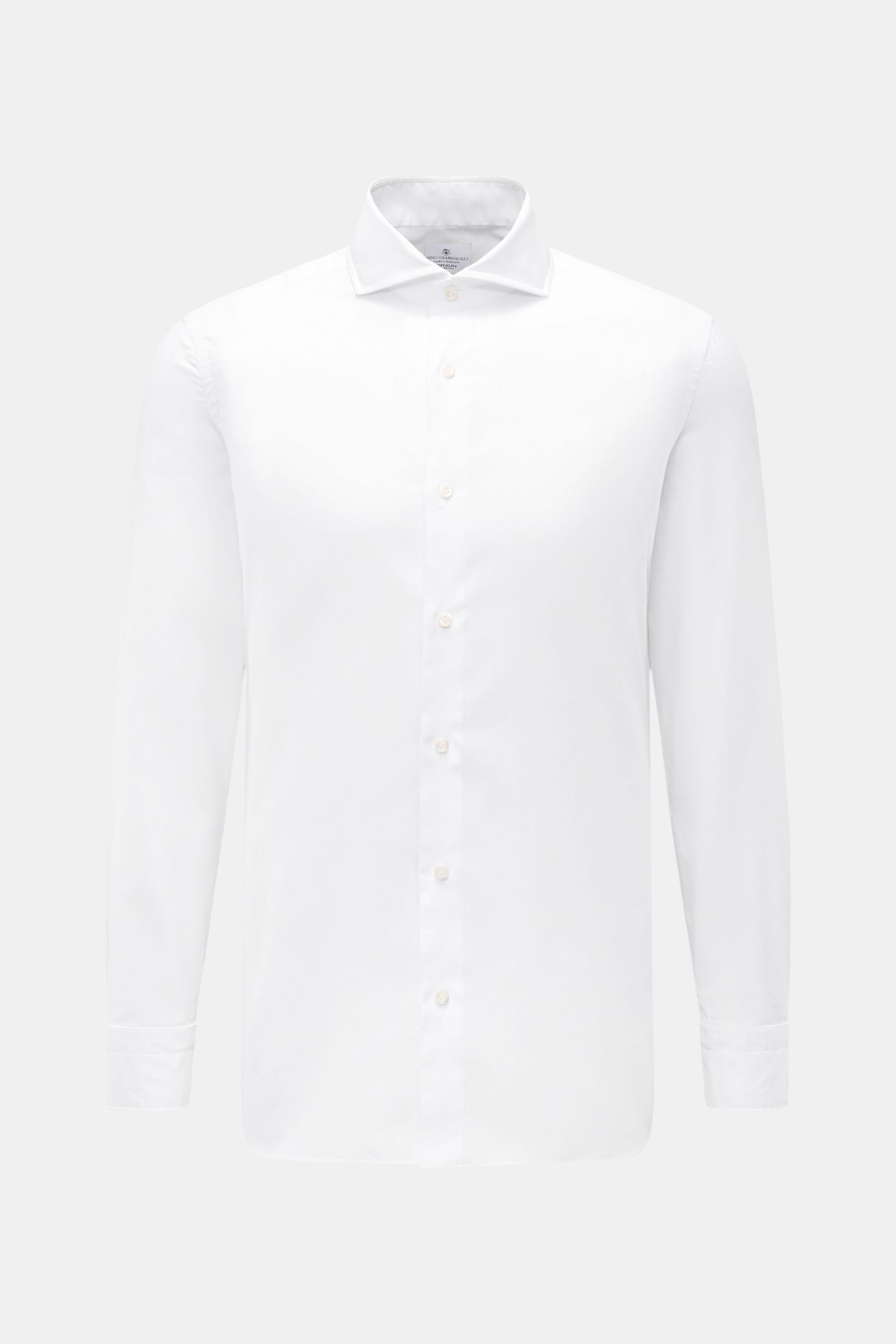 Giampaolo Oxford-Hemd Haifisch-Kragen weiß, frontal fotografiert, Slim Fit, Oxford-Baumwolle, weicher Griff, französische Knopfleiste, Sportmanschette, Taillenabnäher, gerundeter Saum.