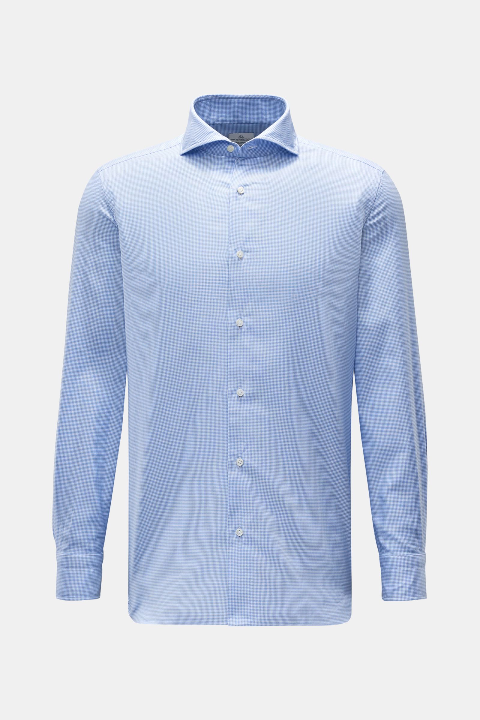Giampaolo Casual Hemd Haifisch-Kragen hellblau/weiß kariert, Frontansicht, Slim Fit, micro Hahnentritt, reine Baumwolle, klassische Sportmanschette.