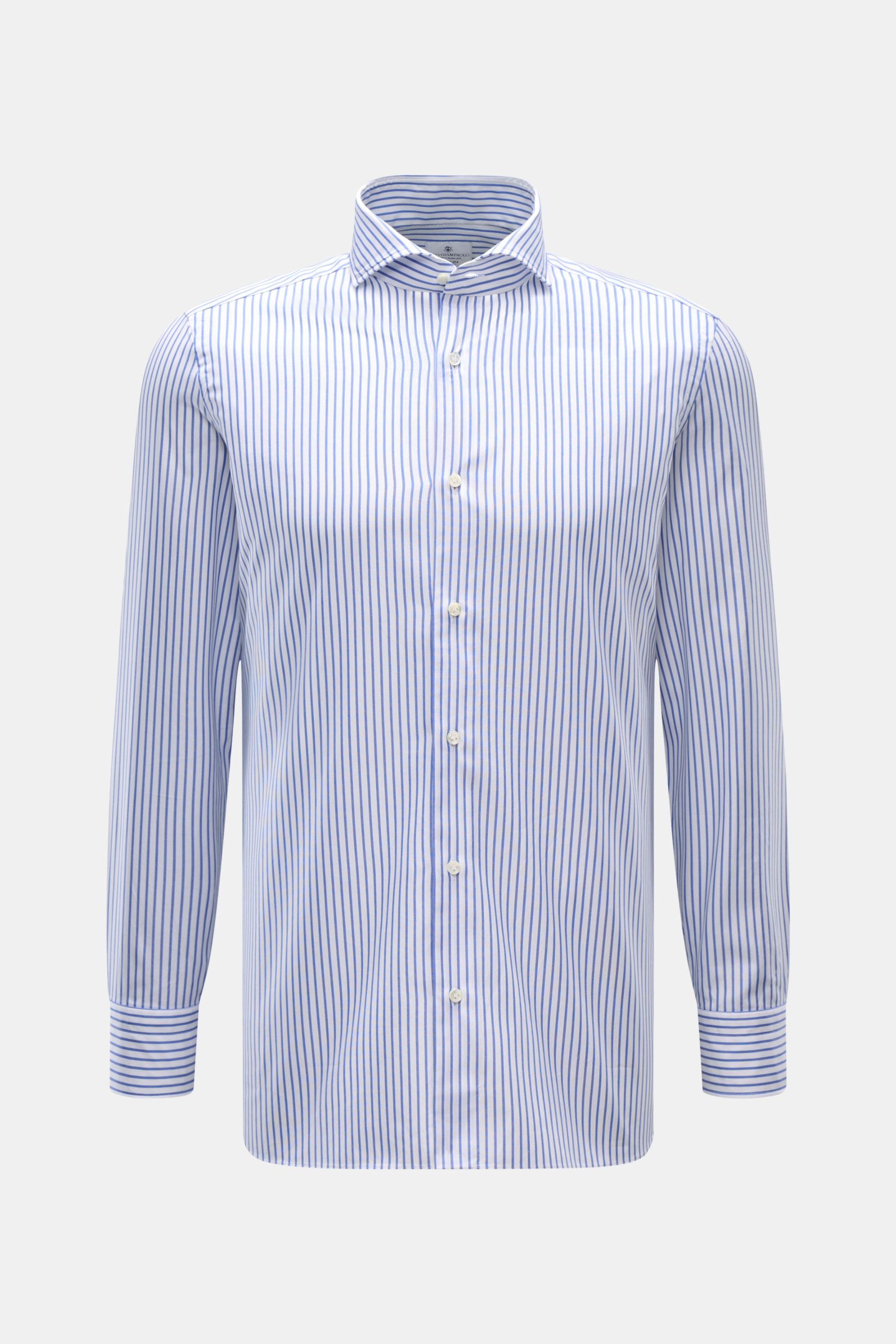 Giampaolo Oxford-Hemd Haifisch-Kragen weiß/dunkelblau gestreift, Slim Fit, Oxford-Baumwolle, Haifisch-Kragen, französische Knopfleiste, Sportmanschette, frontale Ansicht.