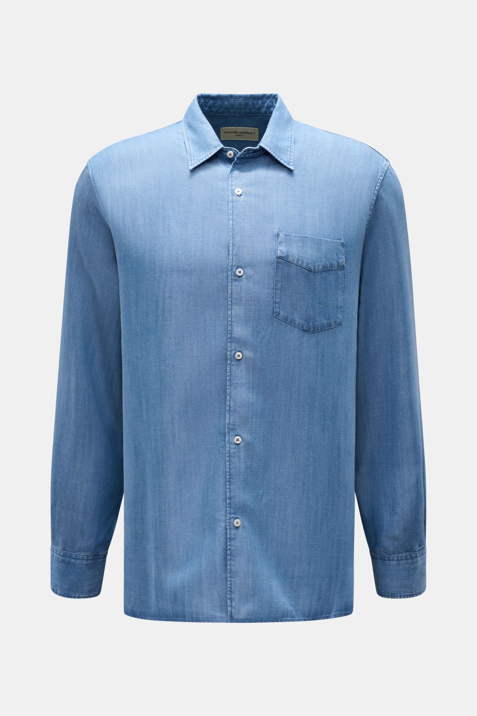 Frontansicht des Officine Générale Casual Hemd 'Guido' Kent-Kragen blau meliert, Denim-Look, Lyocell, Brusttasche, Regular Fit.