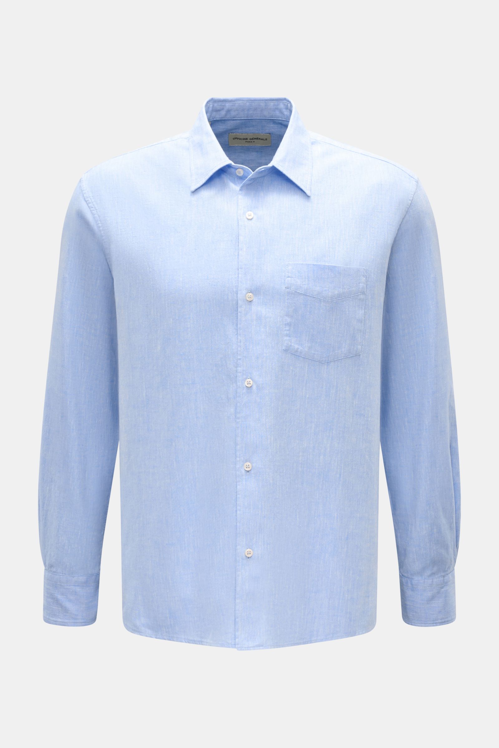 Officine Générale Casual Hemd 'Guido' Kent-Kragen hellblau meliert, frontal mit Brusttasche, französischer Knopfleiste, Baumwolle, Regular Fit.