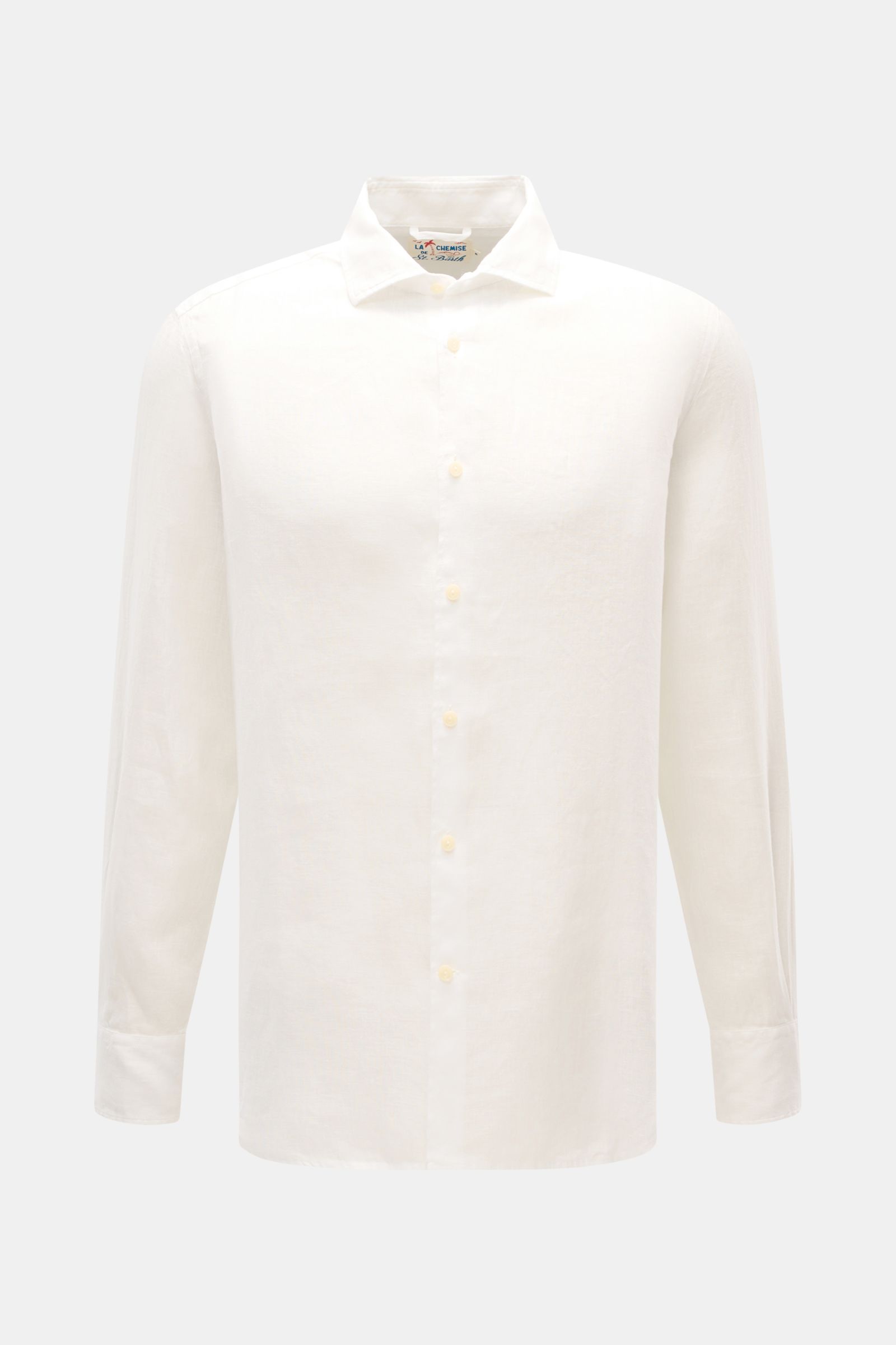 Front view of MC2 Saint Barth Linen shirt 'Pamplona' shark collar white, a slim fit, lightweight linen shirt with French button placket and barrel cuffs.

With this airy, lightweight shirt in pure linen, MC2 SAINT BARTH brings us a perfect piece for ca