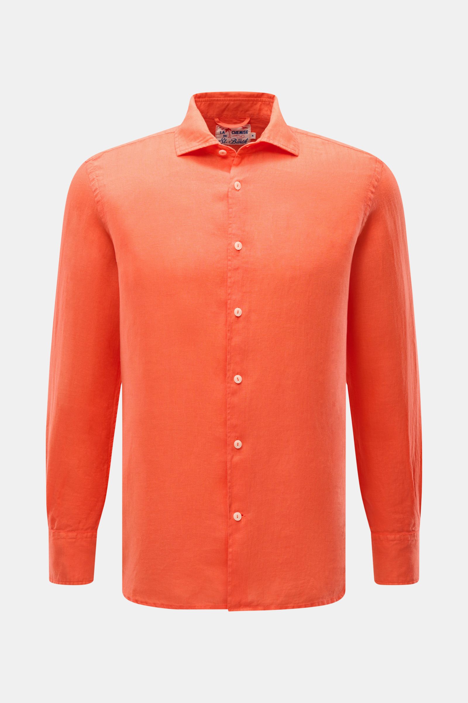 Vorderansicht des MC2 Saint Barth Leinenhemds 'Pamplona' Haifisch-Kragen orange, Slim Fit aus weichem, reinem Leinen mit klassischer Knopfleiste.