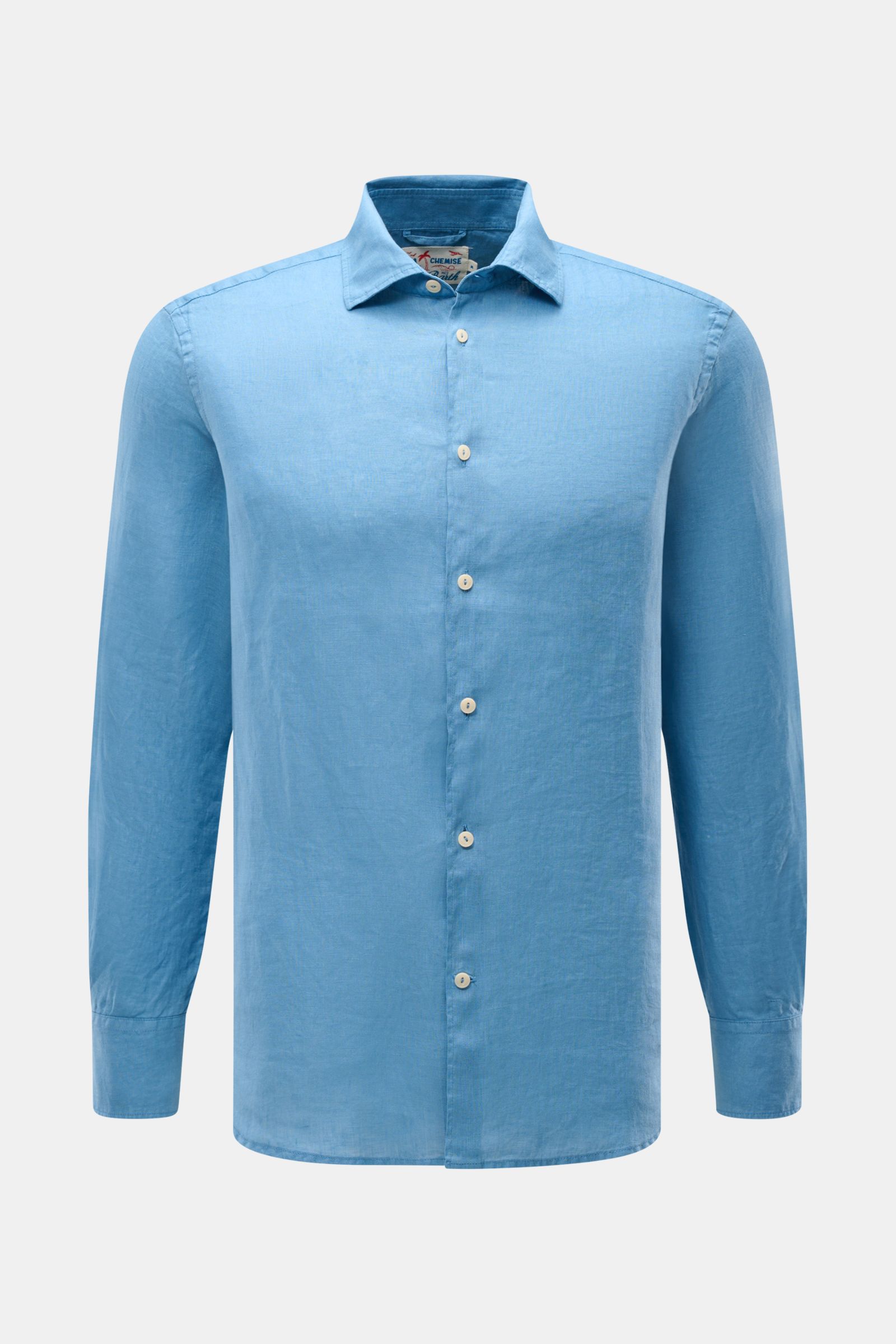 MC2 Saint Barth Leinenhemd 'Pamplona' Haifisch-Kragen rauchblau, Slim Fit, Leinwandbindung, weicher Griff, Haifisch-Kragen, Knopfleiste, Sportmanschette, Taillenabnäher, Saumverlauf, tonales Stitching, frontal fotografiert.