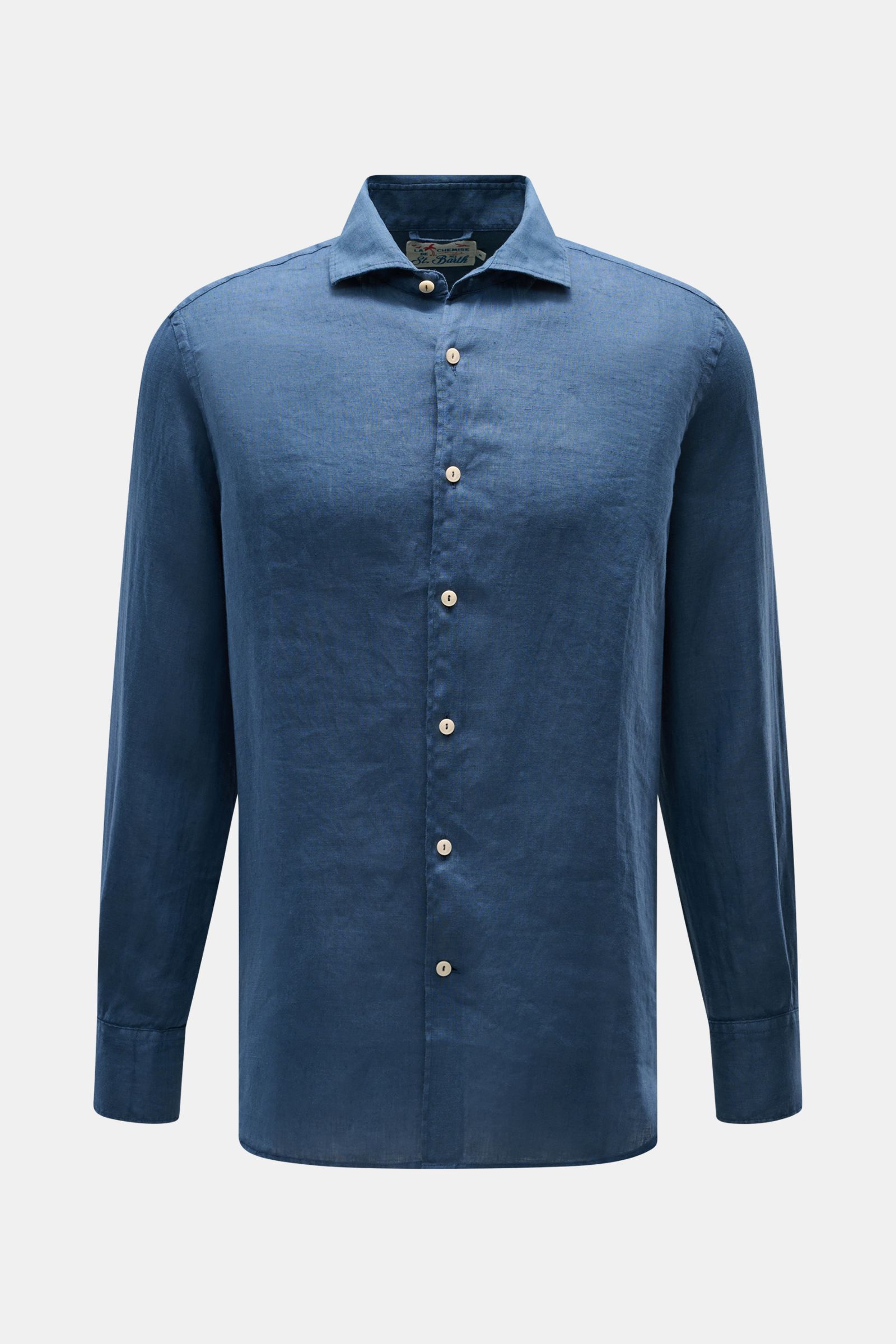Front view of MC2 Saint Barth Linen shirt 'Pamplona' shark collar grey-blue, lightweight pure linen, slim fit, French button placket.

With this airy, lightweight shirt in pure linen, MC2 SAINT BARTH brings us a perfect piece for casual summer looks.