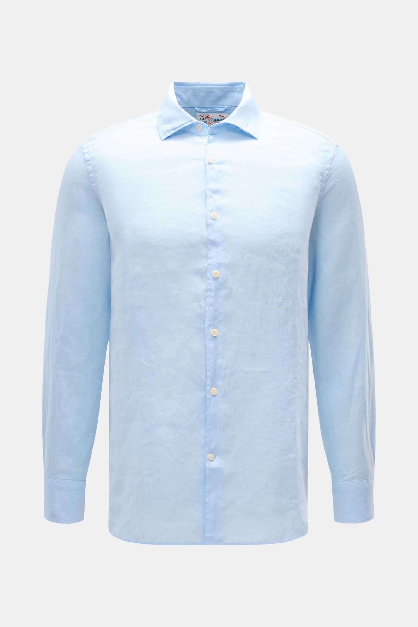 MC2 Saint Barth Leinenhemd 'Pamplona' Haifisch-Kragen hellblau, Slim Fit, weiches Leinen, französische Knopfleiste, Sportmanschette, von vorne fotografiert.