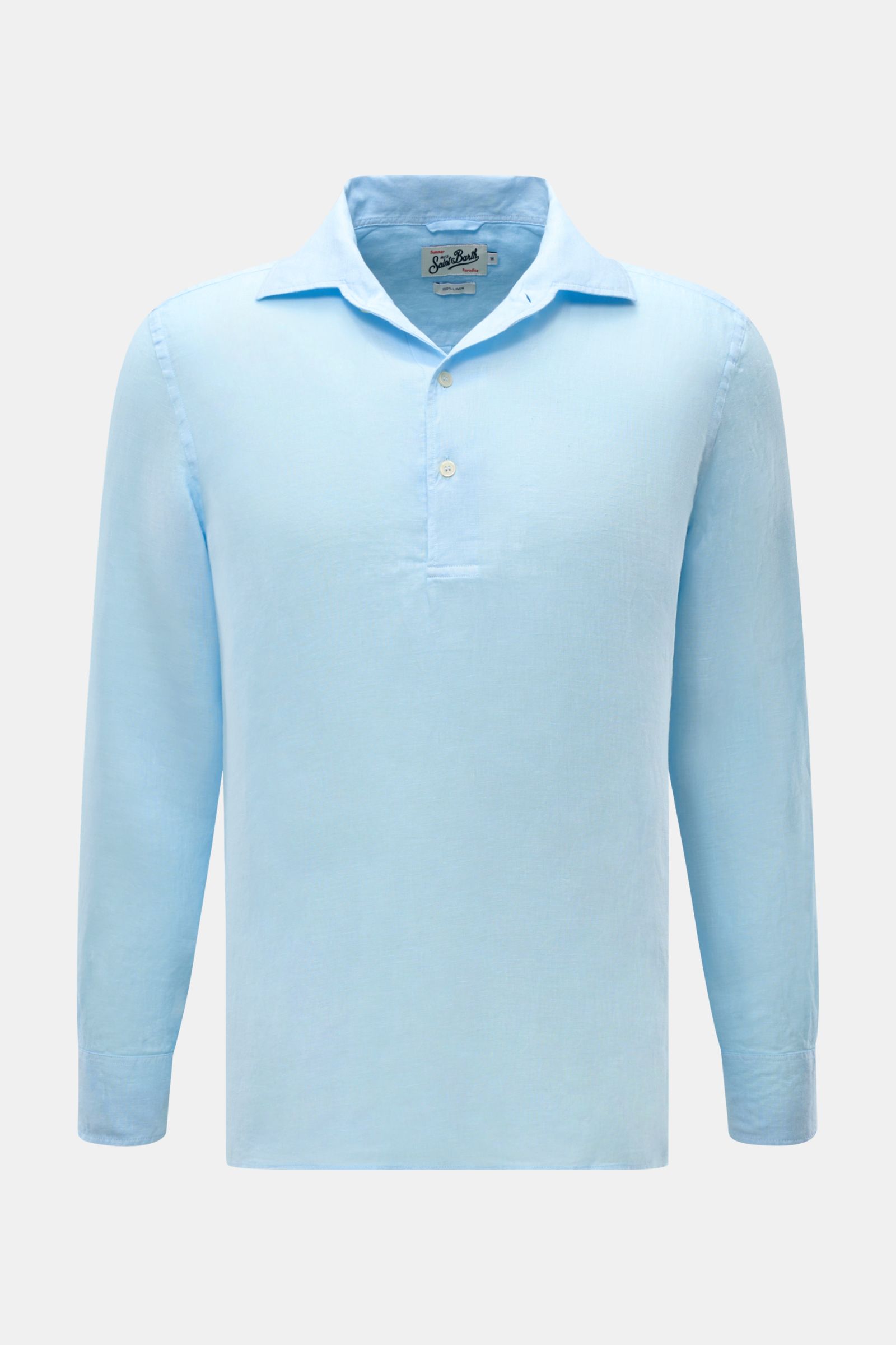 MC2 Saint Barth Popover-Leinenhemd 'Raphael' Haifisch-Kragen hellblau, frontale Nahaufnahme, reines Leinen, leichte Qualität, französische Knopfleiste.