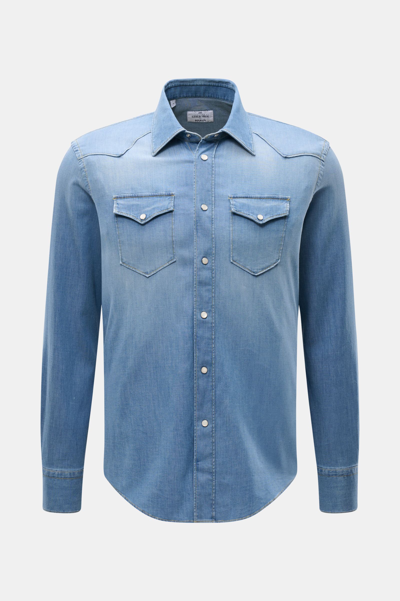 Front view of Gherardi Chambray shirt Kent collar smoky blue, slim fit casual denim-look shirt with western yoke, snap button placket, breast pockets, and barrel cuffs.

Casual chambray shirt by experts GHERARDI: This model in soft, stretchy cotton in 
