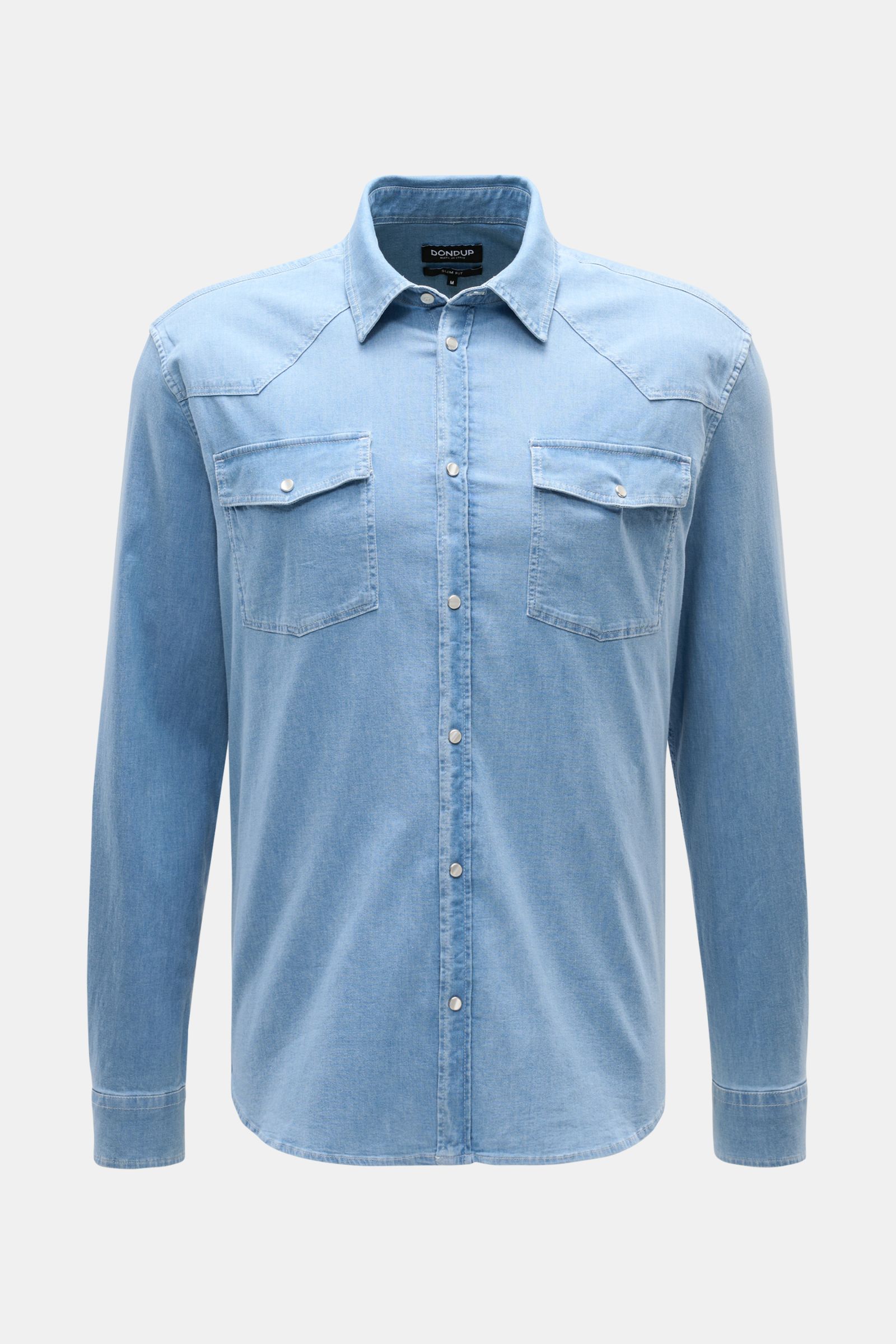 Front view of Dondup Jeanshemd Kent-Kragen rauchblau, a slim fit light blue denim shirt with elastic cotton, soft touch, snap button placket, chest pockets with flaps, classic sport cuffs, Western-style shoulder yoke, back waist darts, and slightly rounde