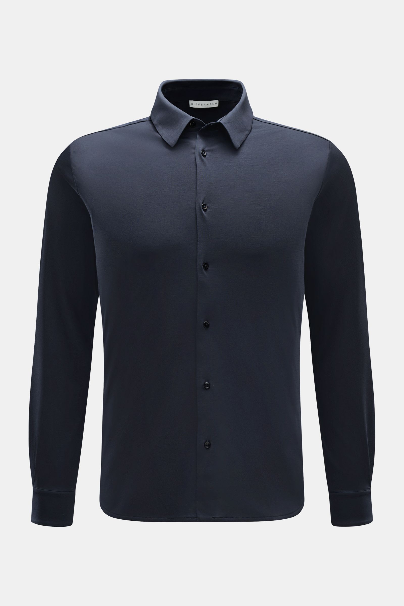 Kiefermann Jersey-Hemd 'Pius' Kent-Kragen navy, frontal fotografiert, Extra Slim Fit, mercerisierte Baumwolle, weicher Griff, dezenter Glanz, französische Knopfleiste, Sportmanschette, Taillenabnäher, leicht gerundeter Saum.