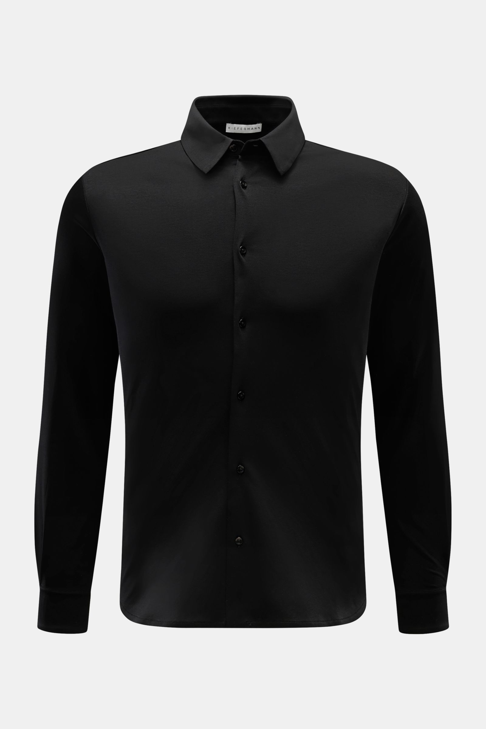 Kiefermann Jersey-Hemd 'Pius' Kent-Kragen schwarz, frontal fotografiert, Extra Slim Fit, mercerisierte Baumwolle, glatter Griff, dezenter Glanz.