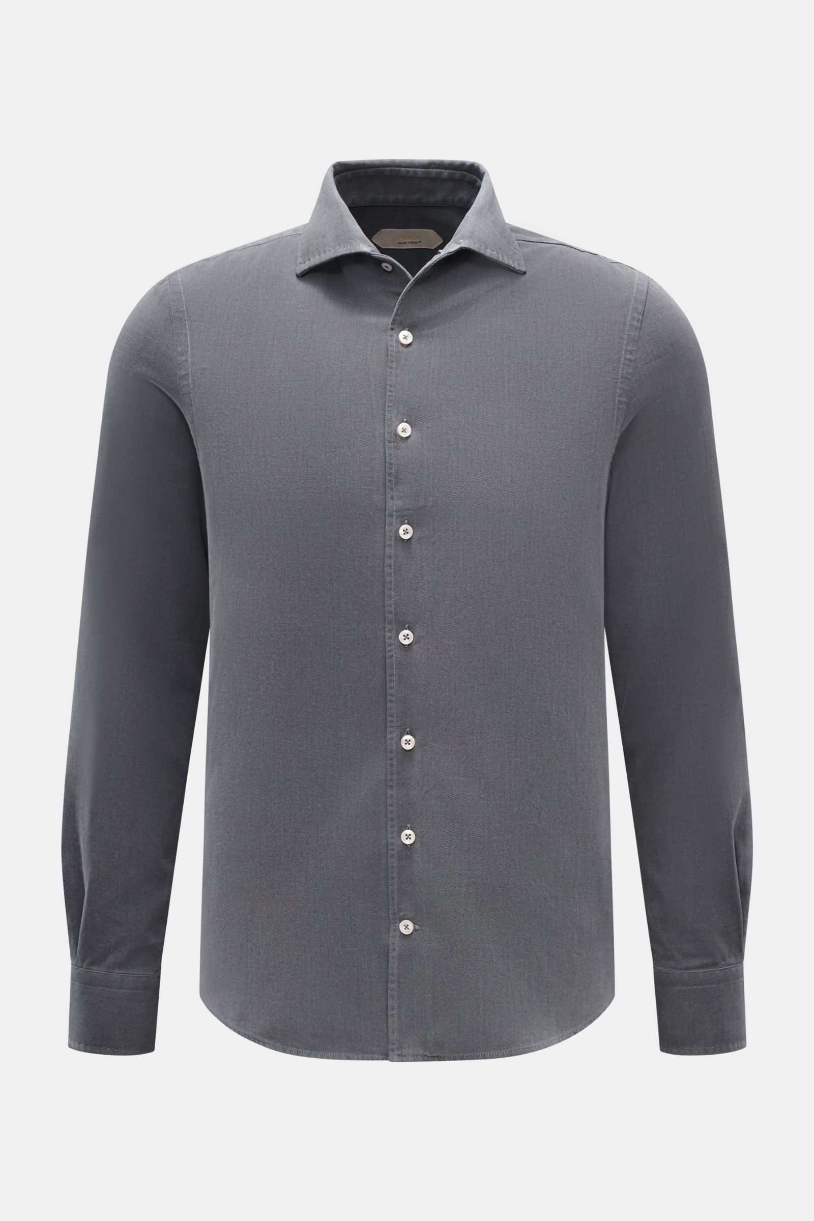 Aurélien Casual Hemd Haifisch-Kragen dunkelgrau, Slim Fit aus robustem Baumwoll-Twill, frontale Aufnahme mit klassischer Knopfleiste und Manschetten.