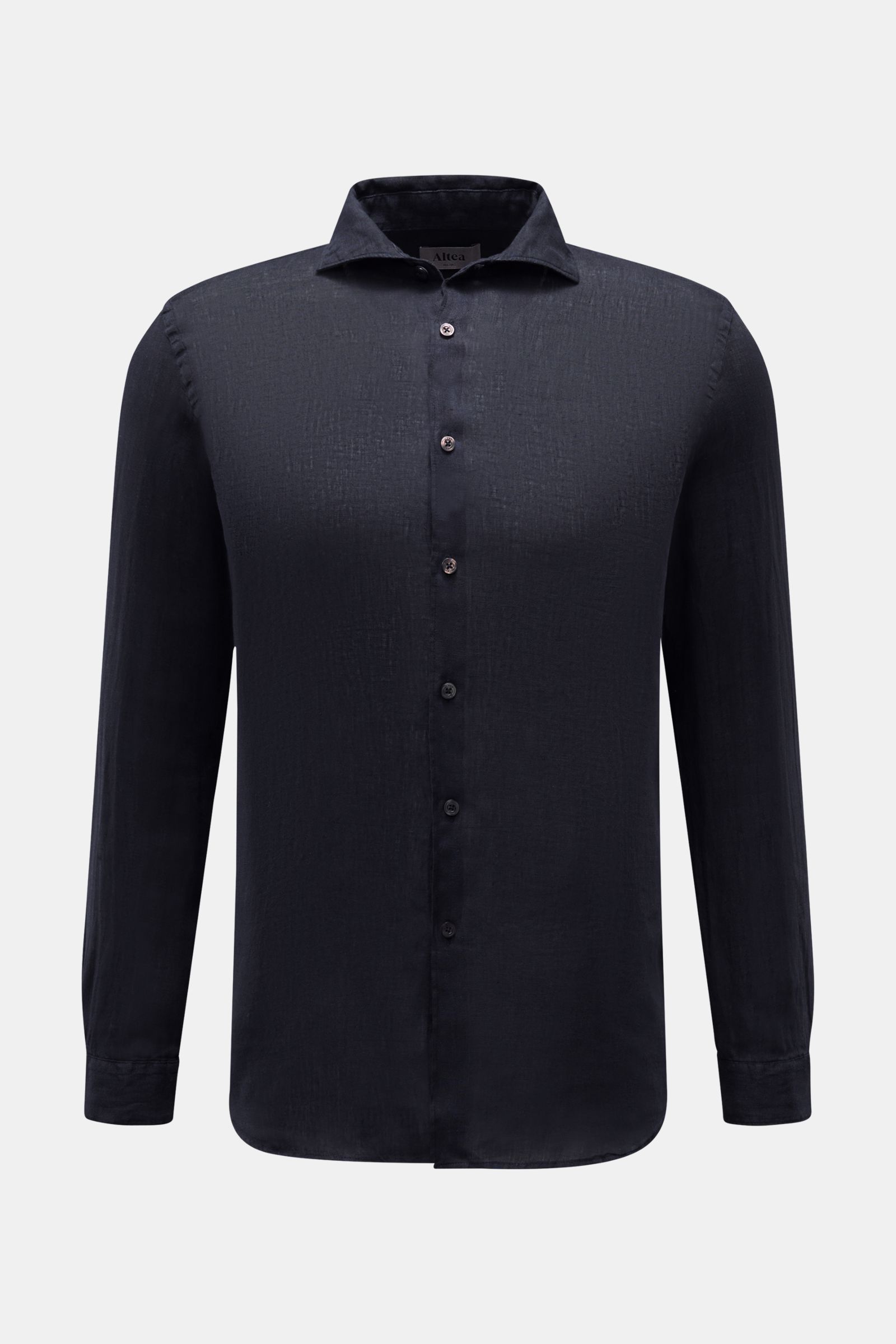 Altea Leinenhemd 'Mercer' Haifisch-Kragen navy, frontale Ansicht, Slim Fit, reine Leinen-Gaze, weicher Griff, leichte Qualität, klassische Manschette.