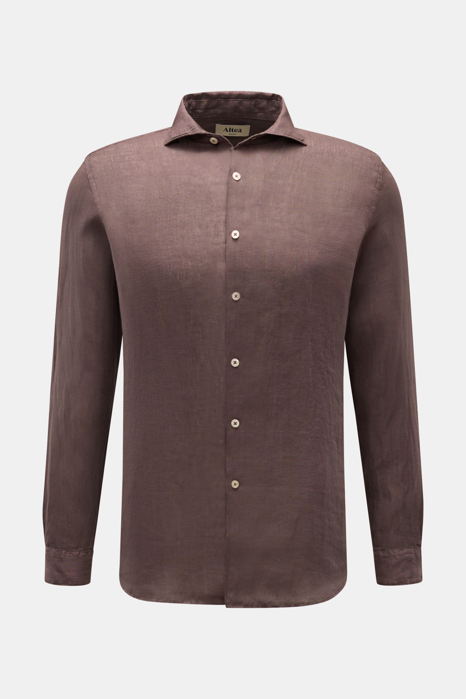 Altea Leinenhemd 'Mercer' Haifisch-Kragen graubraun von vorne, Slim Fit, reine Leinen-Gaze, weicher Griff, leichte Qualität, klassische Sportmanschette.