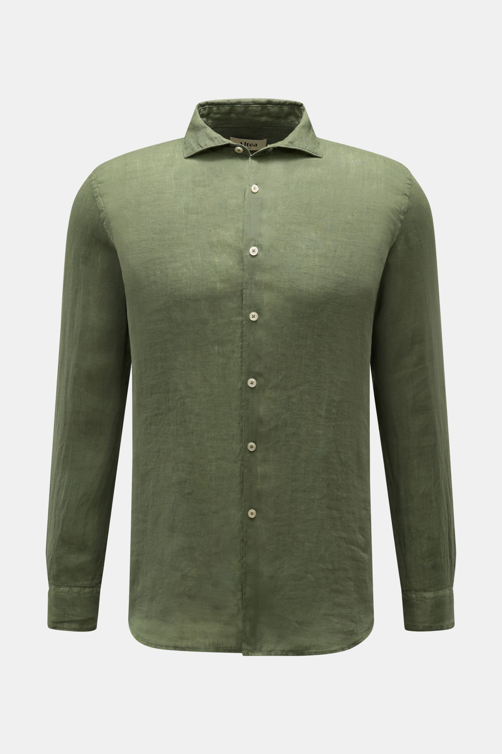 Altea Leinenhemd 'Mercer' Haifisch-Kragen grün, frontale Ansicht, reine Leinen-Gaze, Slim Fit, weicher Griff, leichte Sommerqualität.